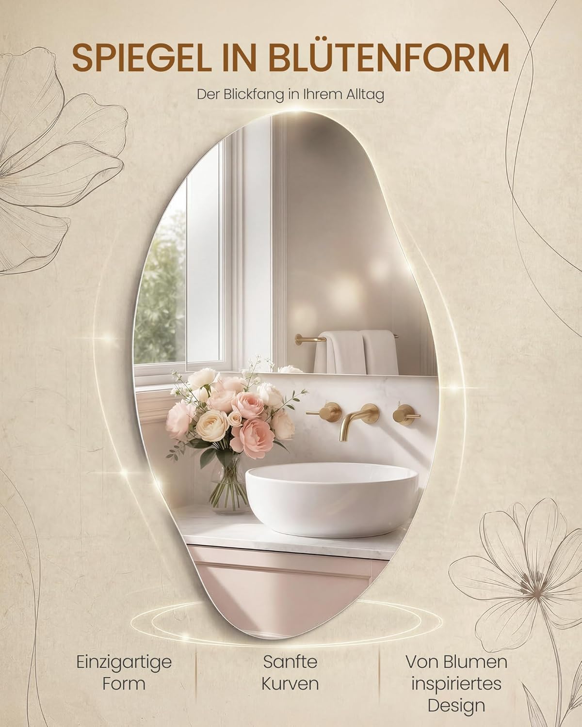 Asymmetrischer Wandspiegel - Organische Blütenform - Rahmenloses Sicherheitsglas