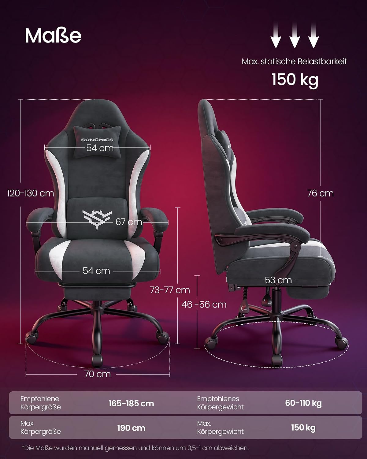 Gaming-Stuhl mit Fußstütze - Kunstwildleder mit Kopfstütze und Lendenkissen - Bis 135° Neigbar