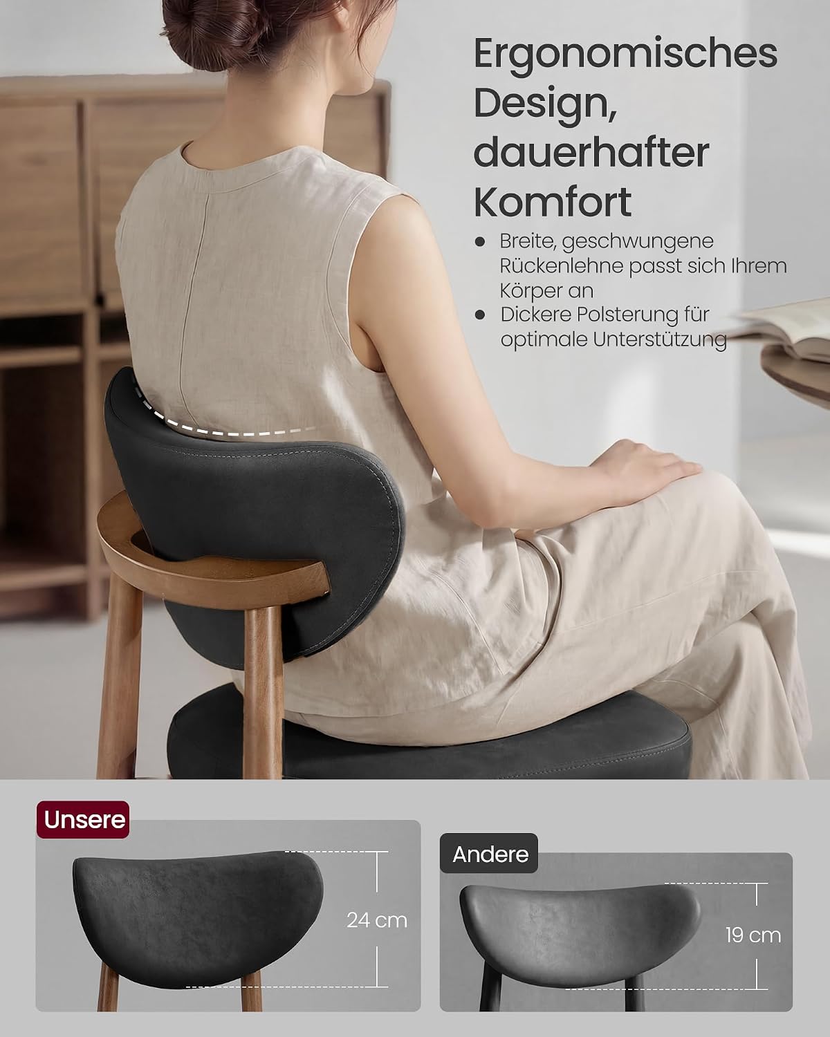 2er-Set Barhocker Mit Rückenlehne - PU-Leder Mit Massiven Holzbeinen - Extra Dickes Sitzkissen