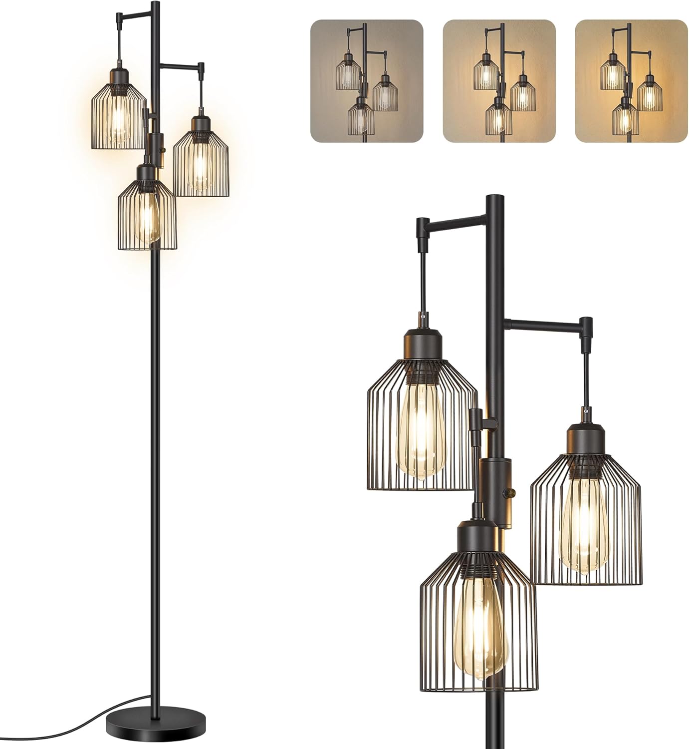 Industrielle Stehlampe 3-Flammig – Dimmbar – Inkl. LED-Lampen – Mattschwarze Stehlampe für Wohnzimmer