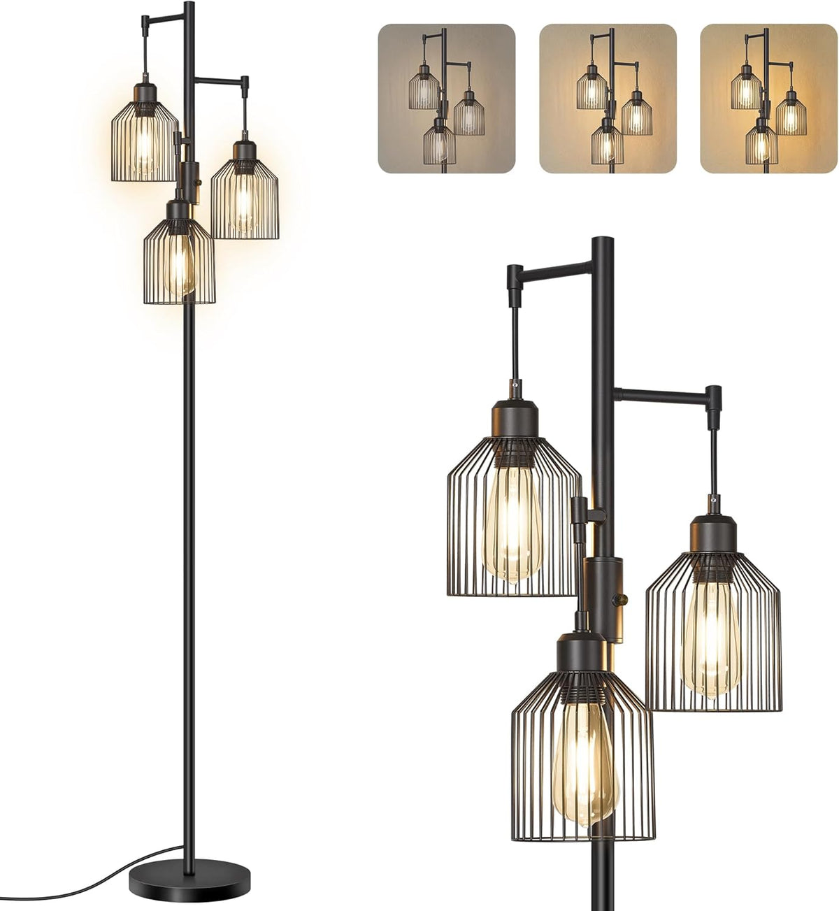 Industrielle Stehlampe 3-Flammig – Dimmbar – Inkl. LED-Lampen – Mattschwarze Stehlampe für Wohnzimmer