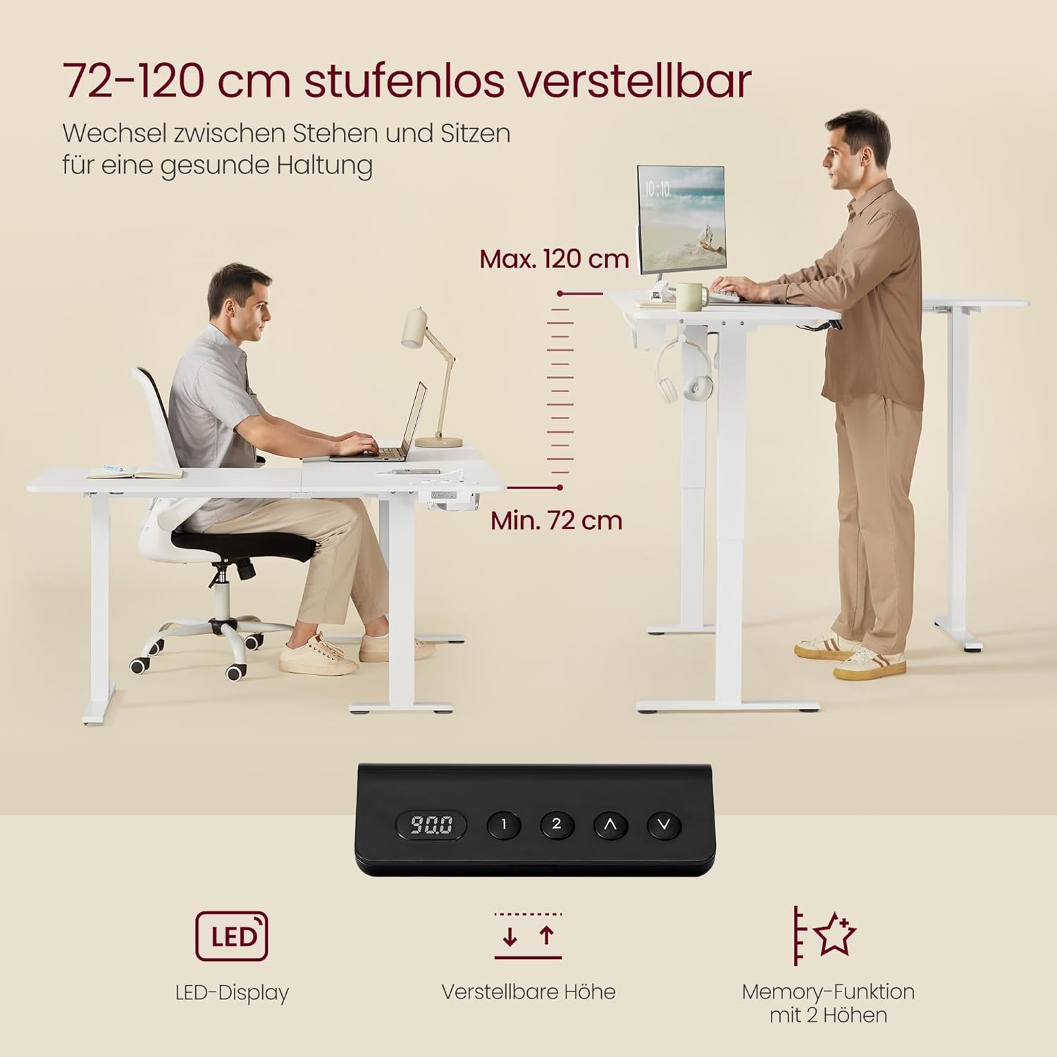 Elektrisch verstellbarer Eckschreibtisch – L-Form – 140 x 160 cm – Integrierte Steckdose und USB – Memory-Funktion – 72-120 cm Höhe