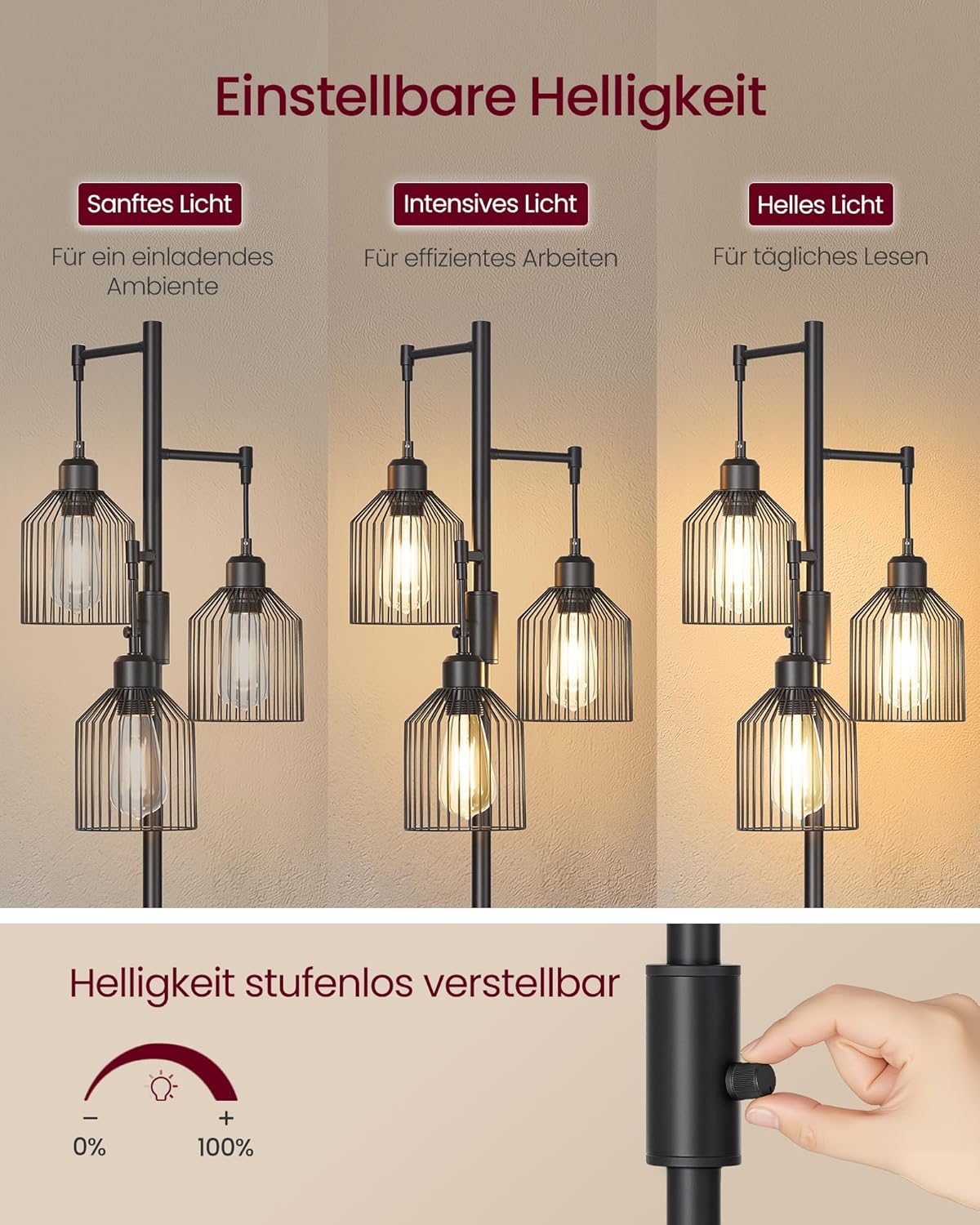 Industrielle Stehlampe 3-Flammig – Dimmbar – Inkl. LED-Lampen – Mattschwarze Stehlampe für Wohnzimmer