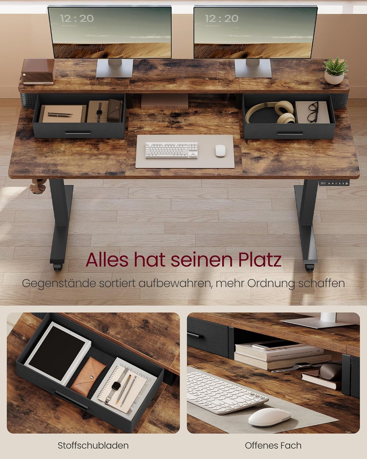 Höhenverstellbarer Schreibtisch – elektrisch – mit Memory-Funktion, Monitorhalterung und Steckdose