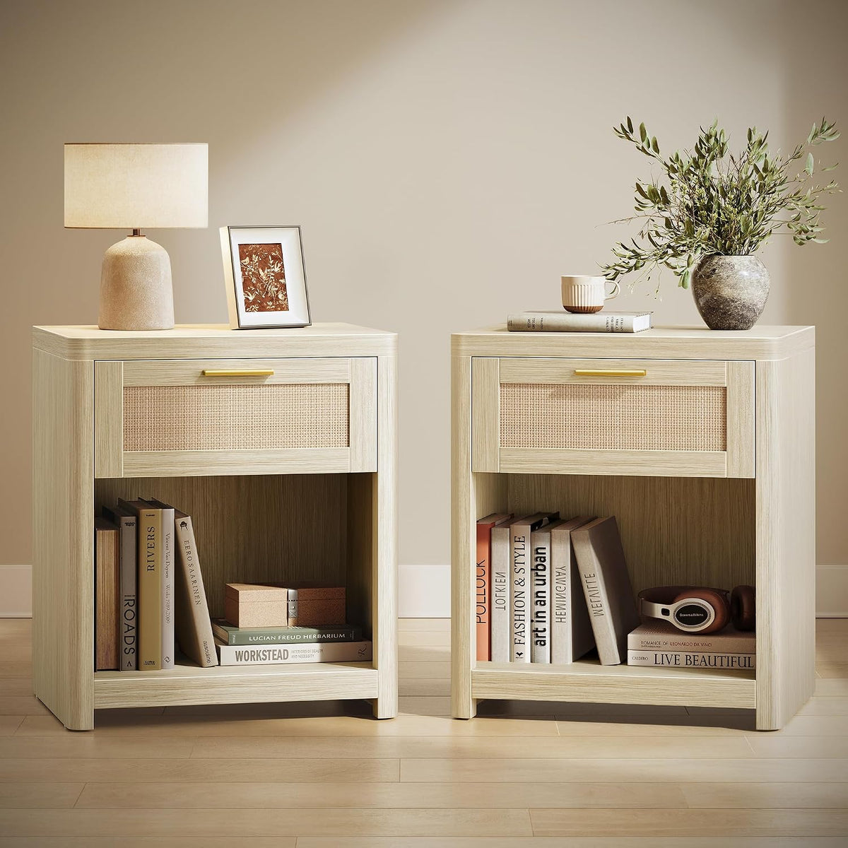 Nachttisch - 2er-Set - Rattan-Optik mit Schublade und Offenem Fach - Boho-Stil