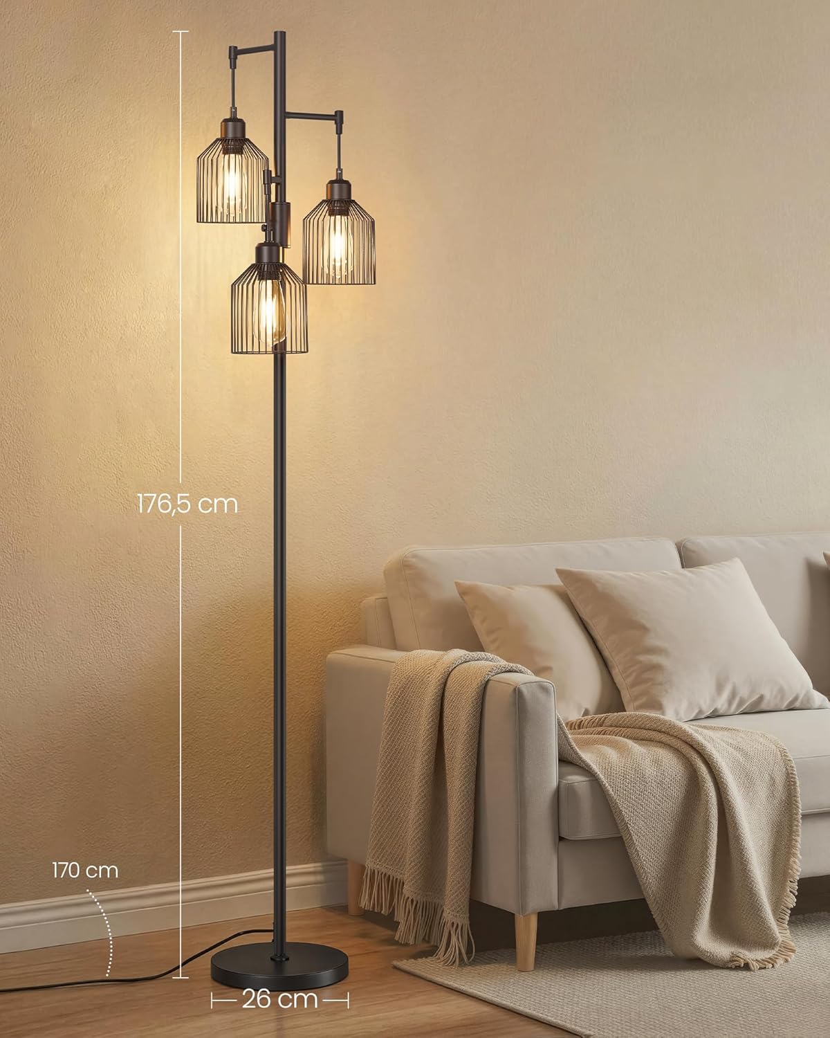 Industrielle Stehlampe 3-Flammig – Dimmbar – Inkl. LED-Lampen – Mattschwarze Stehlampe für Wohnzimmer