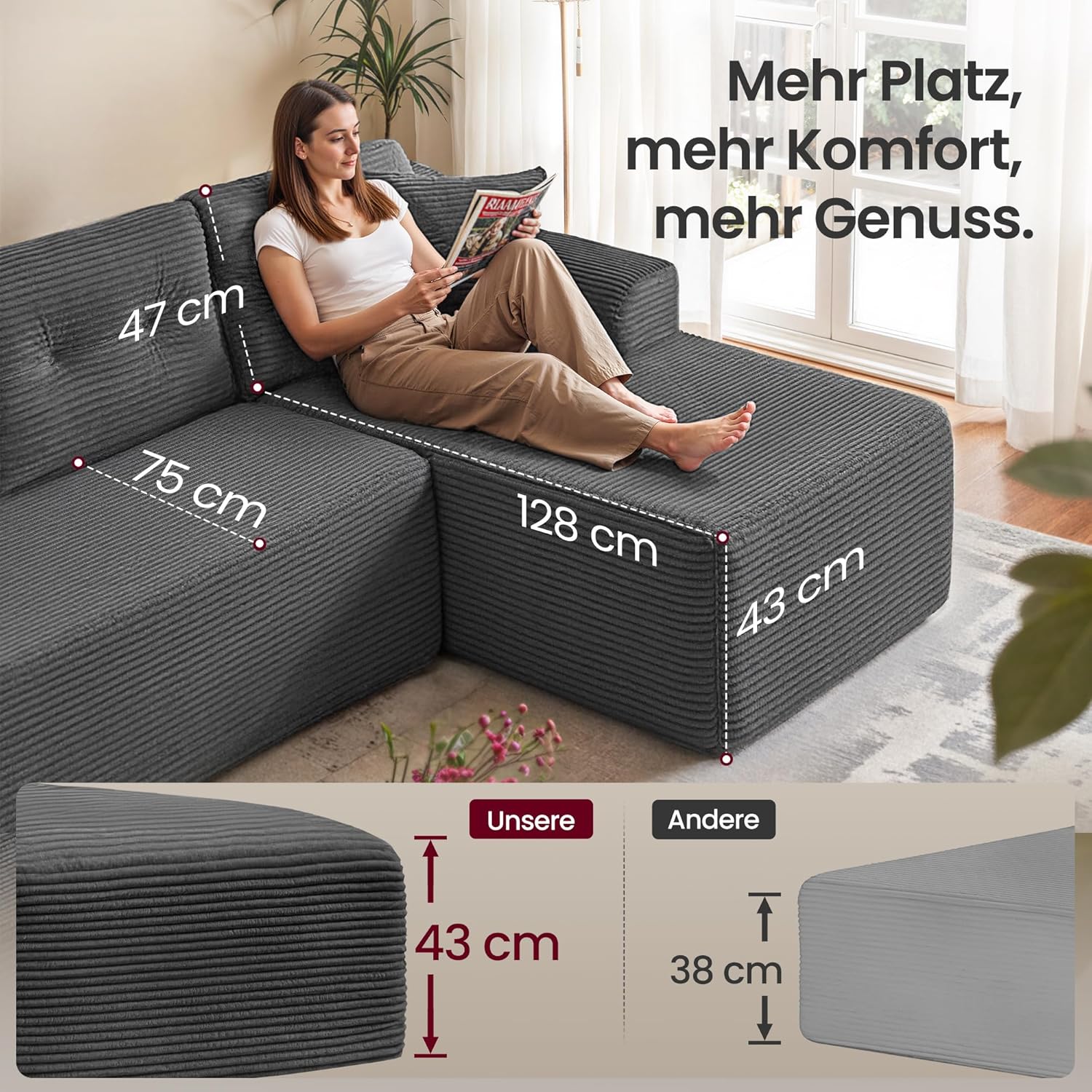 Ecksofa – Modulares Schlafsofa – 244 cm breit – mit Chaiselongue rechts