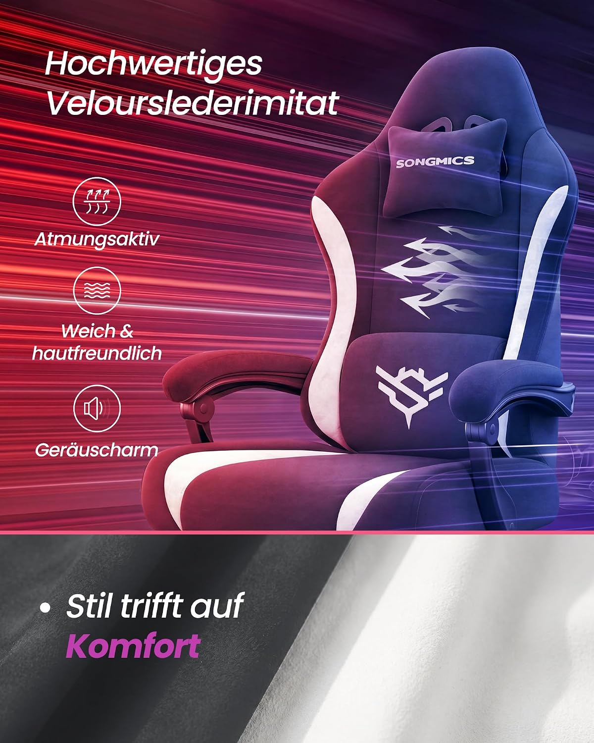 Gaming-Stuhl mit Fußstütze - Kunstwildleder mit Kopfstütze und Lendenkissen - Bis 135° Neigbar