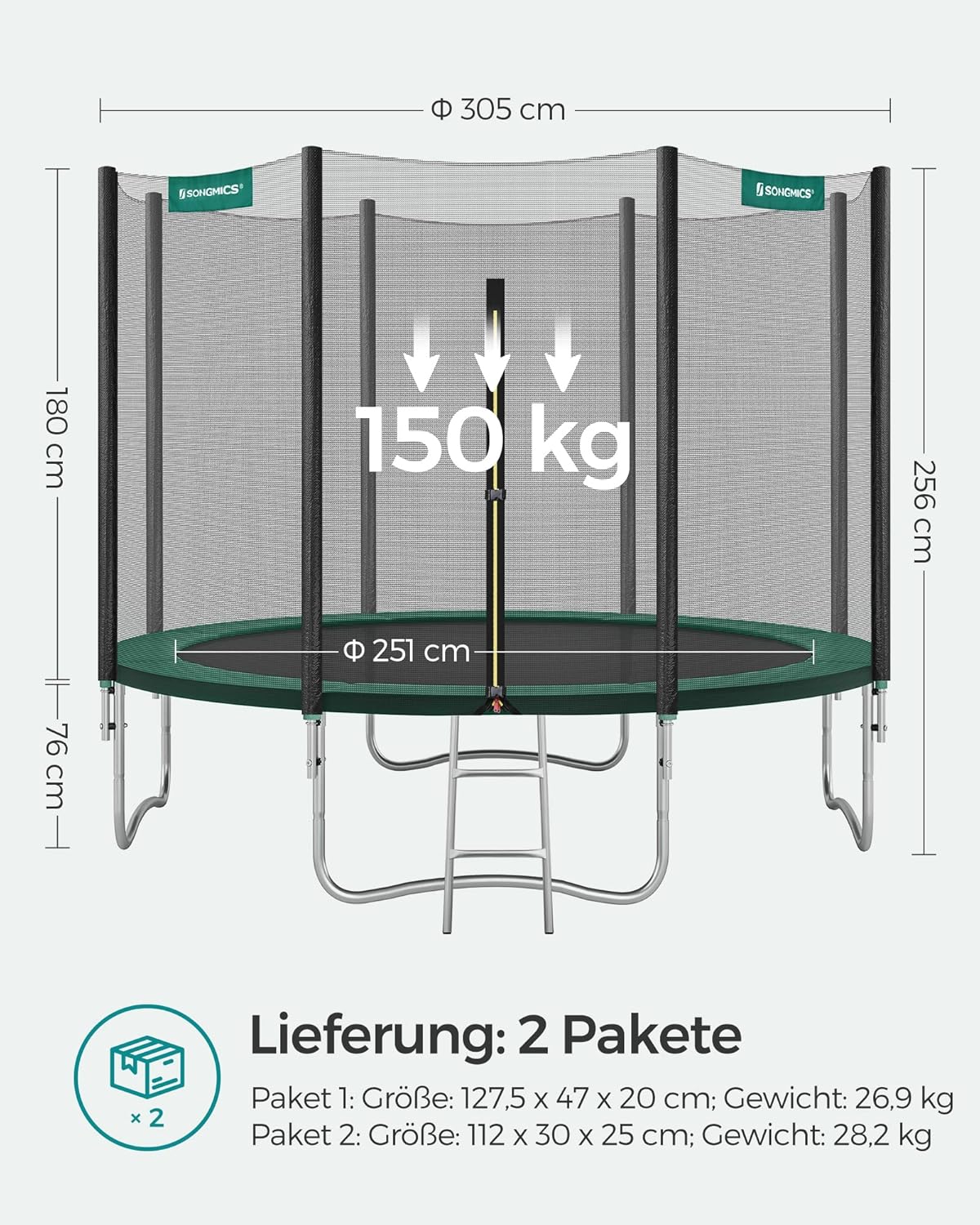 Gartentrampolin – 305 cm – Mit Sicherheitsnetz, Leiter und Randabdeckung – TÜV Rheinland-zertifiziert – Sicherer Sprungspaß