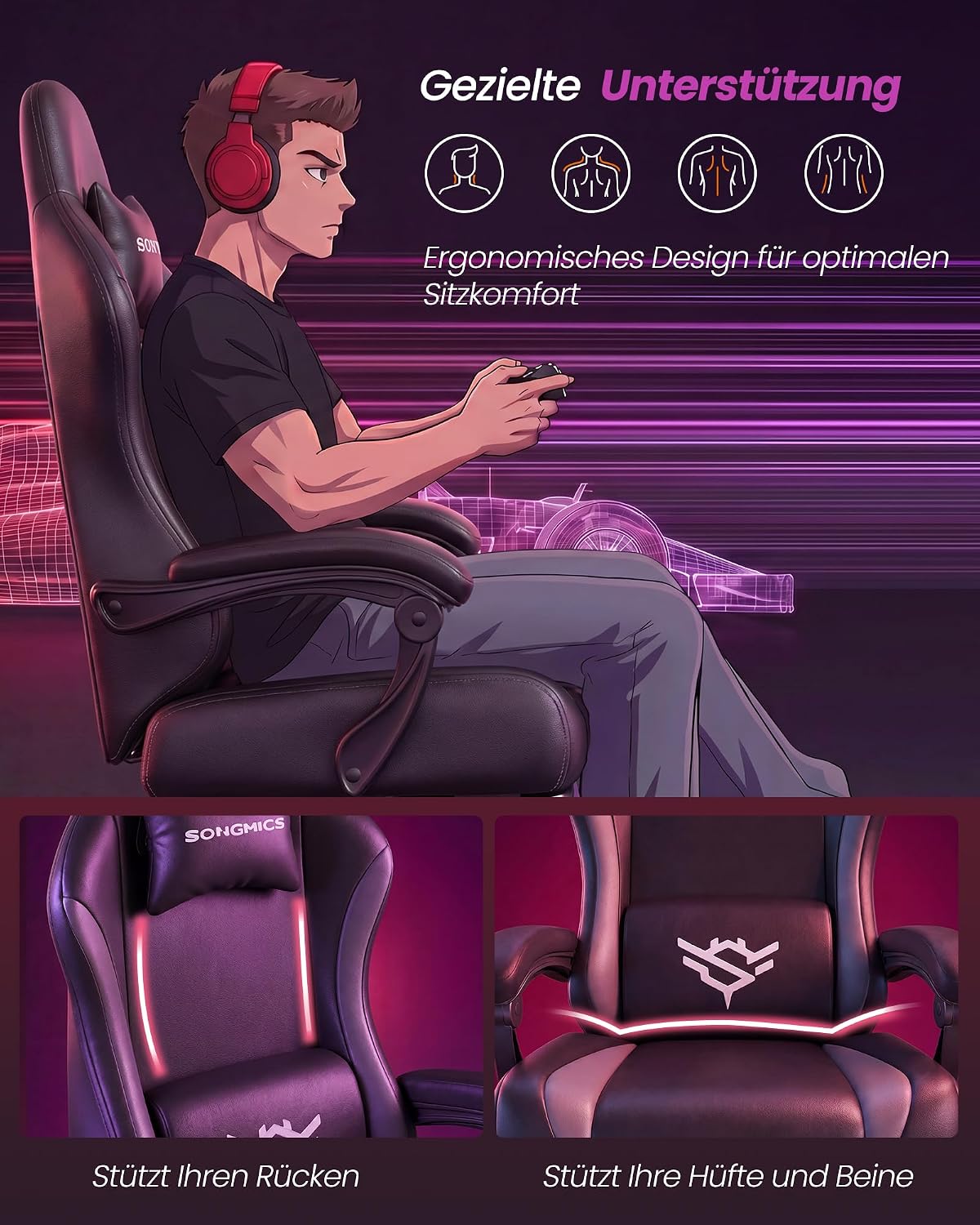 Gaming-Stuhl mit Fußstütze - PU-Leder mit Kopfstütze und Lendenkissen - Bis 135° Neigbar