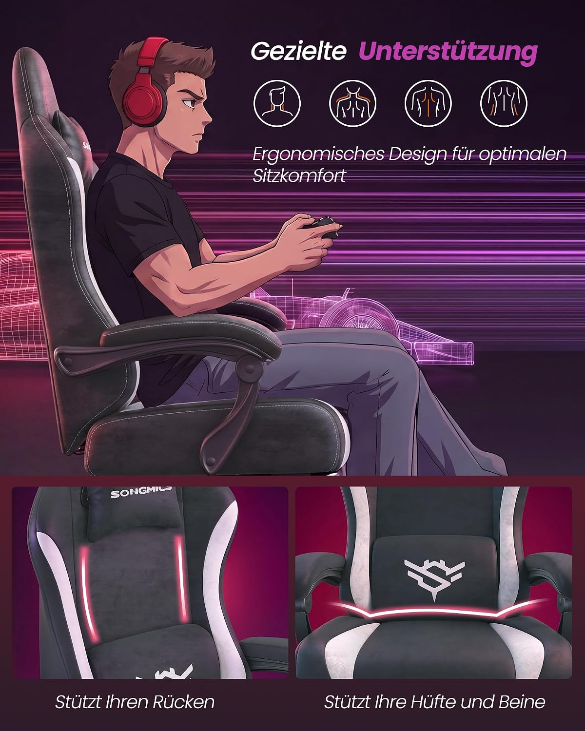 Gaming-Stuhl mit Fußstütze - Kunstwildleder mit Kopfstütze und Lendenkissen - Bis 135° Neigbar