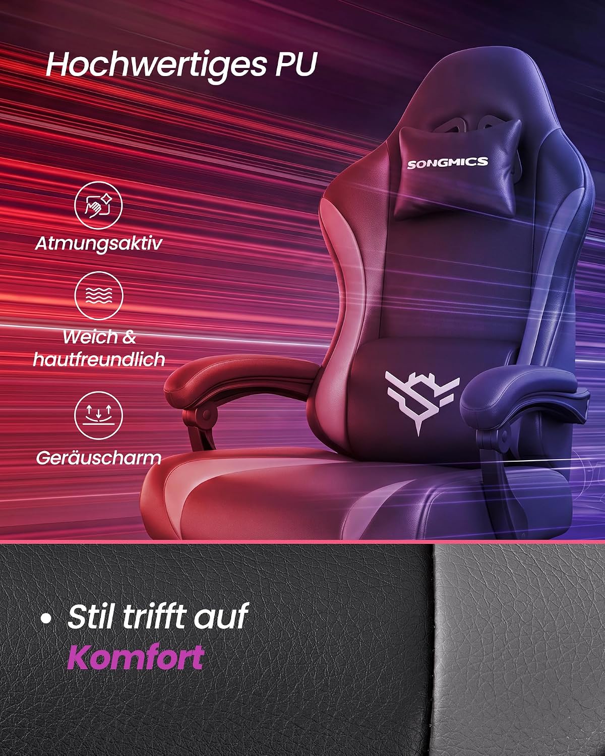 Gaming-Stuhl mit Fußstütze - PU-Leder mit Kopfstütze und Lendenkissen - Bis 135° Neigbar