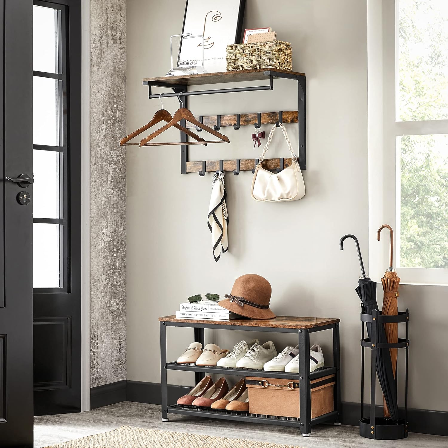 Wandgarderobe und Schuhbank-Set – Industriedesign – Platzsparende Flurlösung