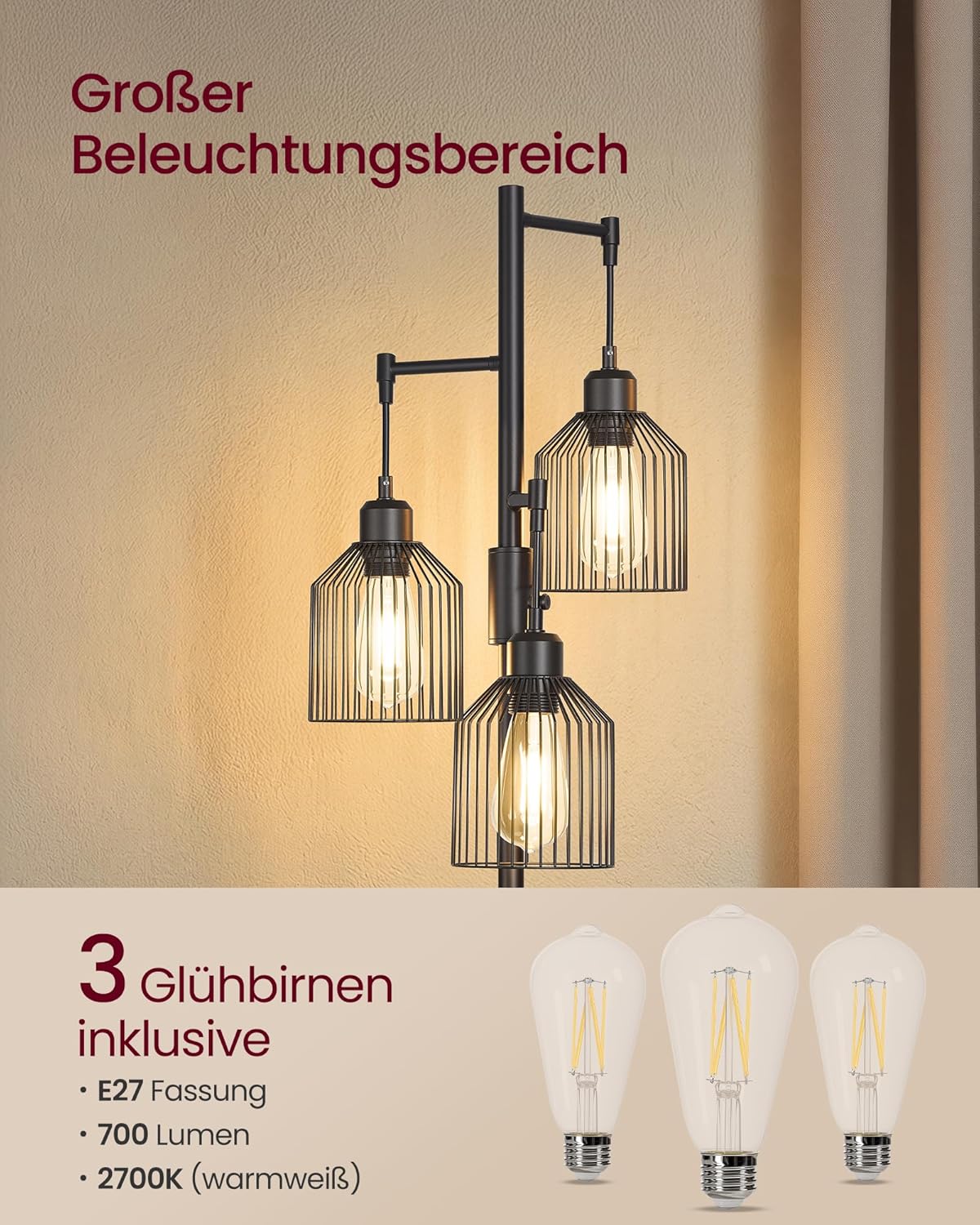 Industrielle Stehlampe 3-Flammig – Dimmbar – Inkl. LED-Lampen – Mattschwarze Stehlampe für Wohnzimmer