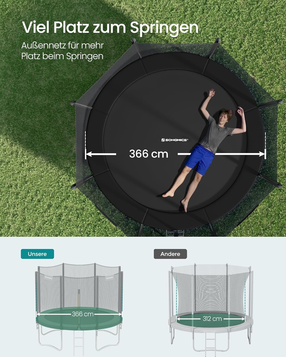 Gartentrampolin – 366 cm – Mit Sicherheitsnetz, Leiter und Randabdeckung – TÜV-geprüft – Für Kinder und Erwachsene
