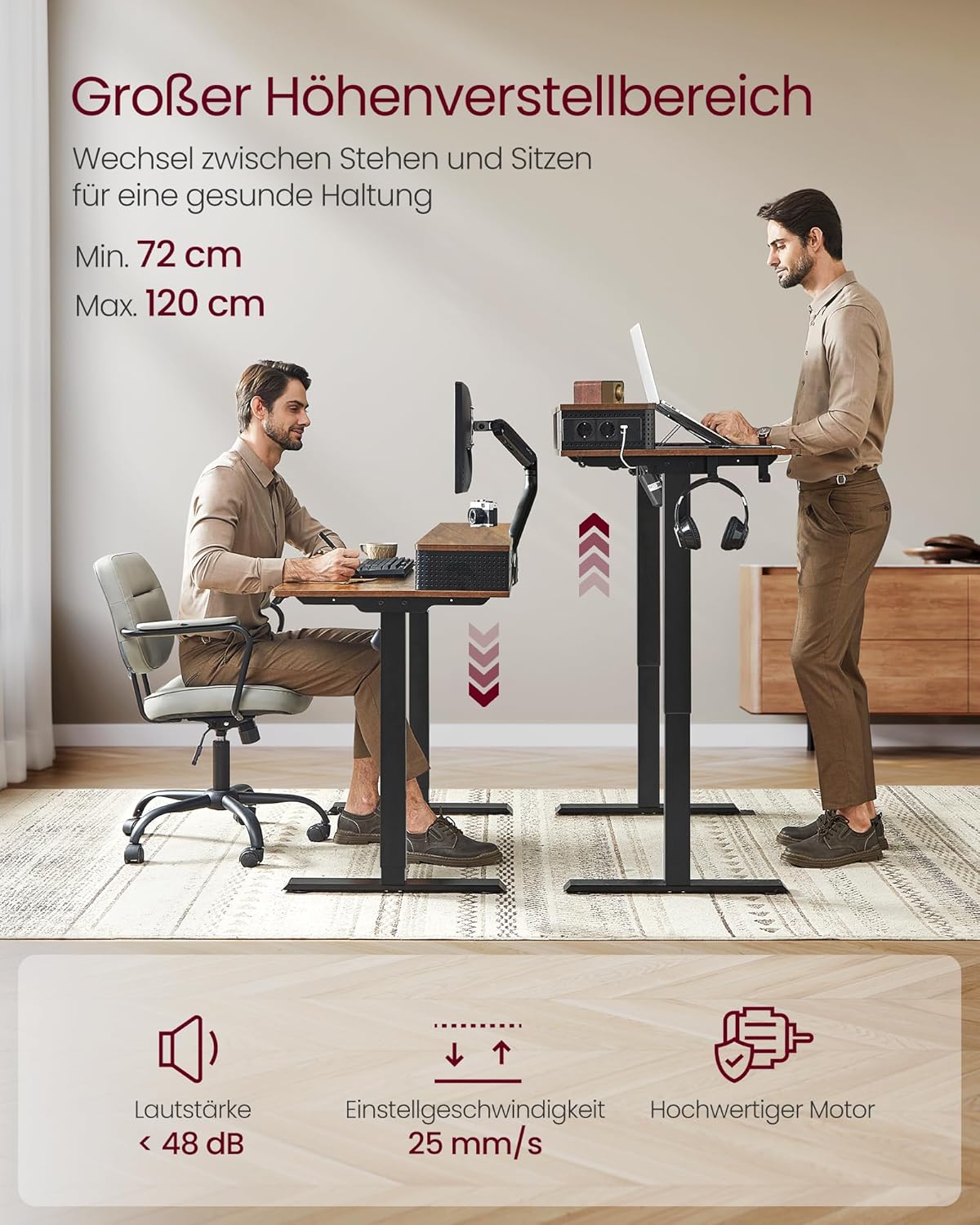 Höhenverstellbarer Schreibtisch – elektrisch – mit Memory-Funktion, Monitorhalterung und Steckdose