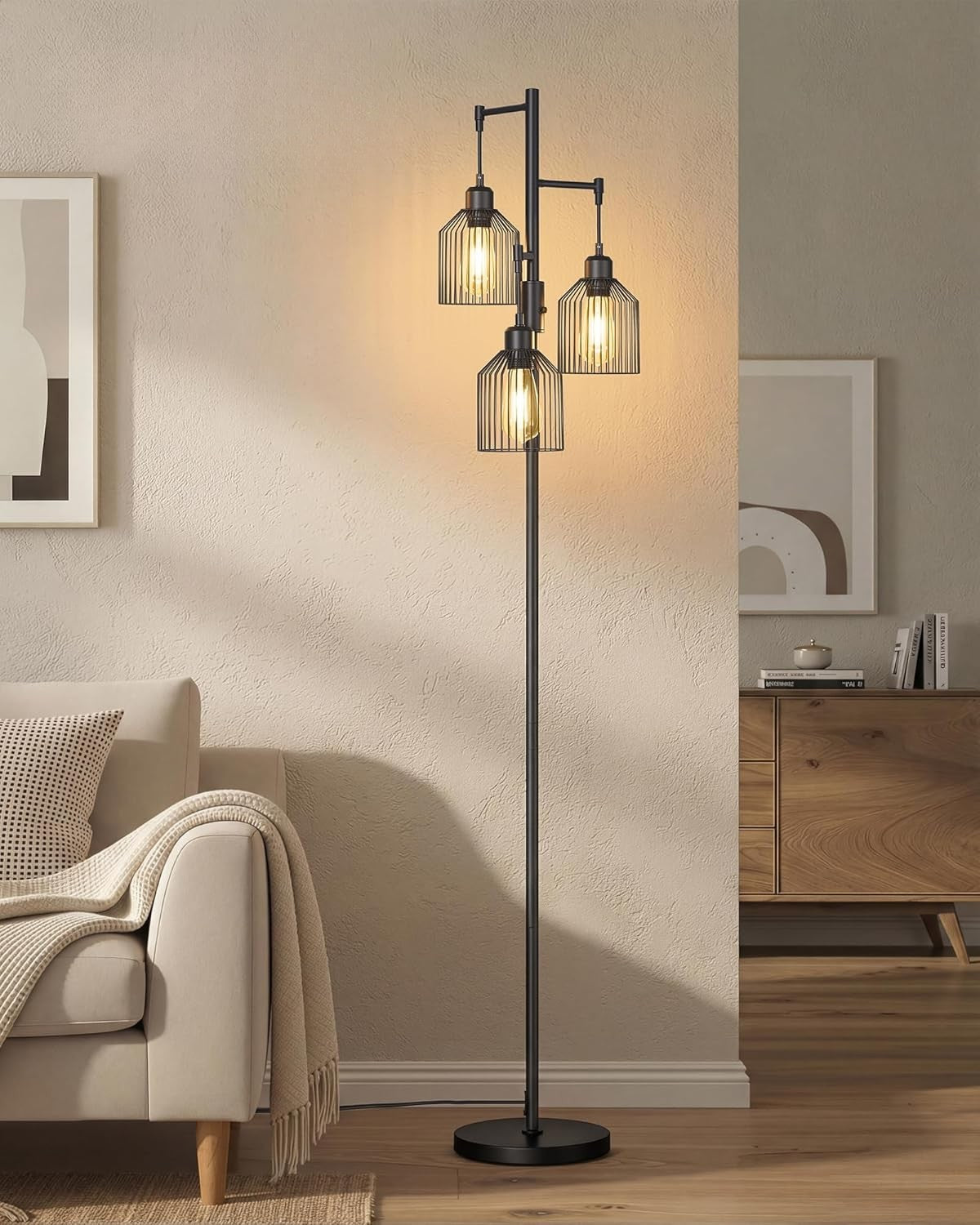 Industrielle Stehlampe 3-Flammig – Dimmbar – Inkl. LED-Lampen – Mattschwarze Stehlampe für Wohnzimmer