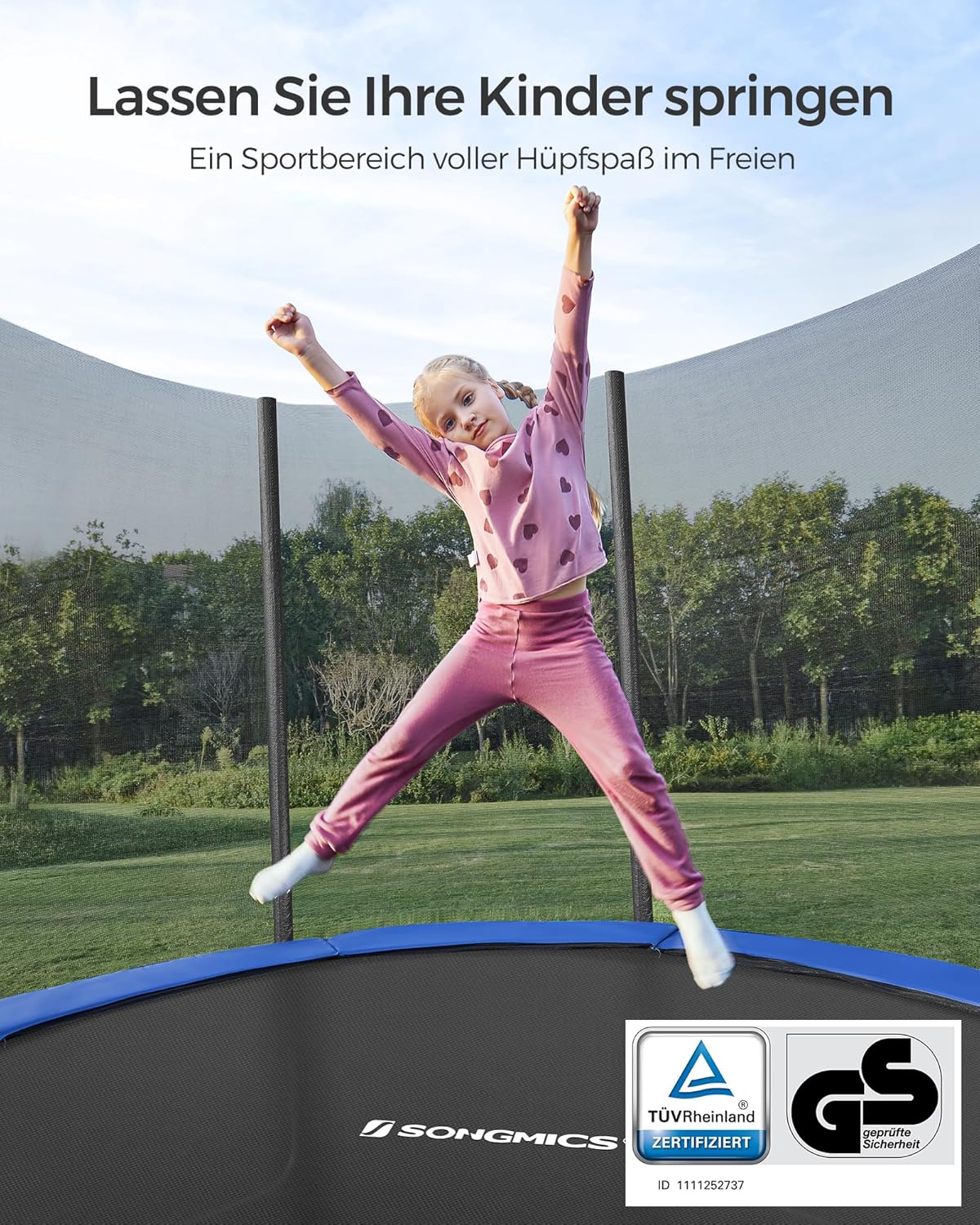 Gartentrampolin – 305 cm – Mit Sicherheitsnetz, Leiter und Randabdeckung – TÜV Rheinland-zertifiziert – Sicherer Sprungspaß