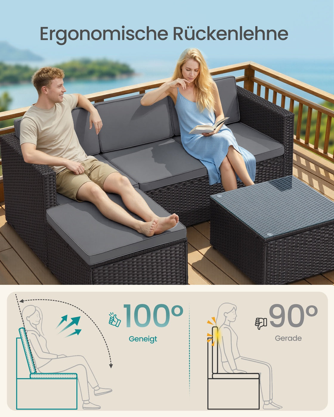 Lounge Set mit Tisch - Gartenbank - Gartenset - Polyrattan Gartenmöbel Set