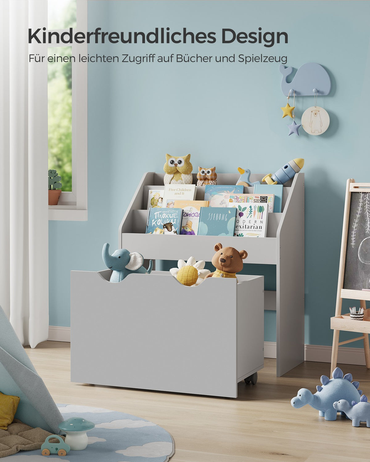 Kinderbücherregal mit Spielzeugkiste – mit Rollen und Kippschutz – 62,5 cm breit
