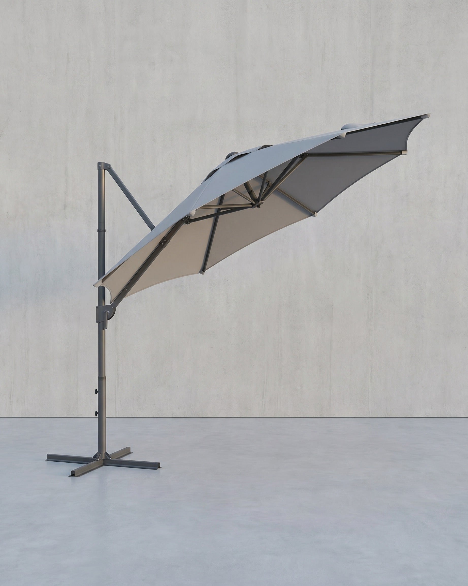 Freiarm-Sonnenschirm 300 cm – 360° drehbar – stufenlos verstellbarer Neigungswinkel – UPF 50+ – mit Kurbel und Kreuzfuß