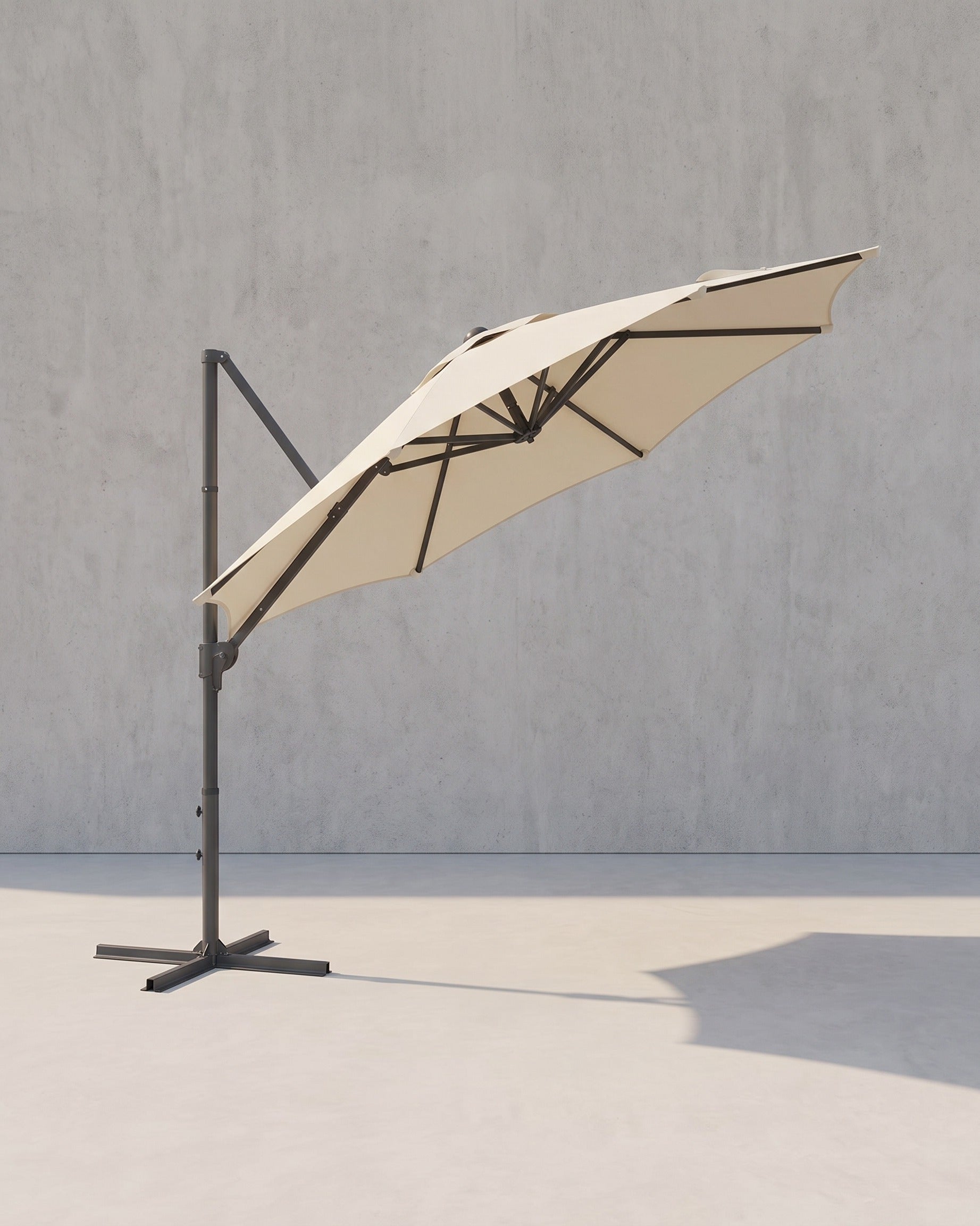 Freiarm-Sonnenschirm 300 cm – 360° drehbar – stufenlos verstellbarer Neigungswinkel – UPF 50+ – mit Kurbel und Kreuzfuß
