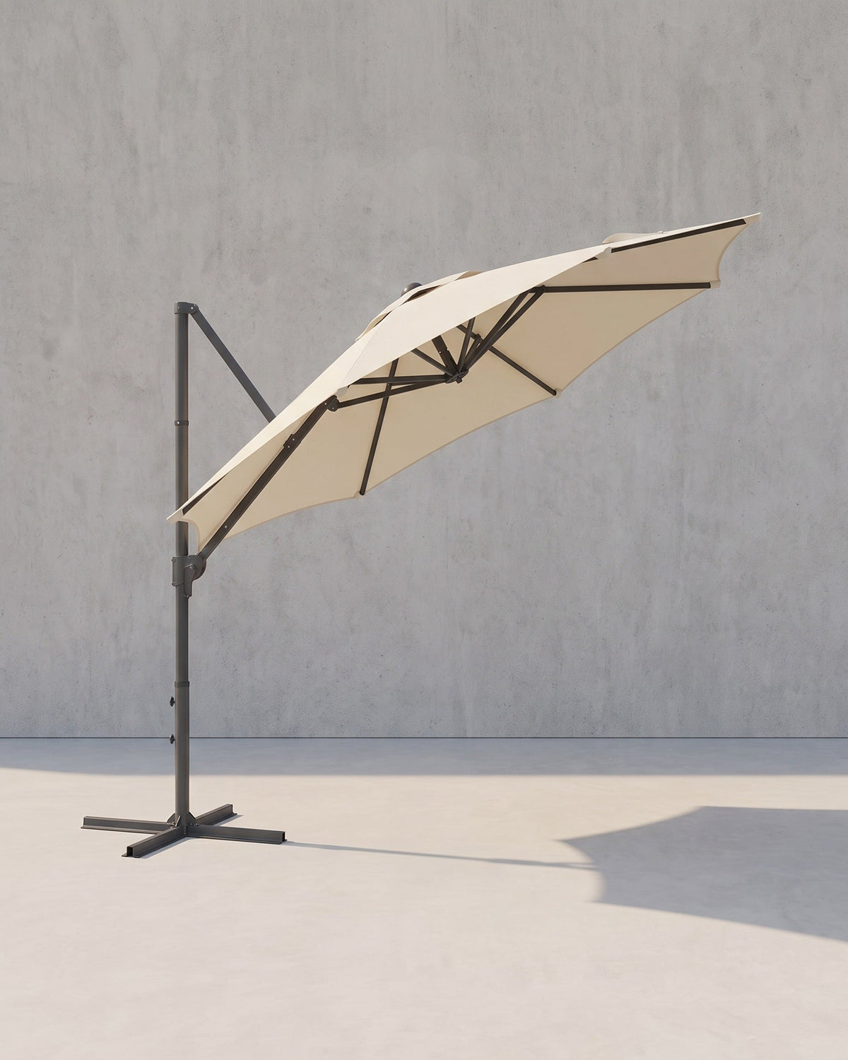 Freiarm-Sonnenschirm 300 cm – 360° drehbar – stufenlos verstellbarer Neigungswinkel – UPF 50+ – mit Kurbel und Kreuzfuß