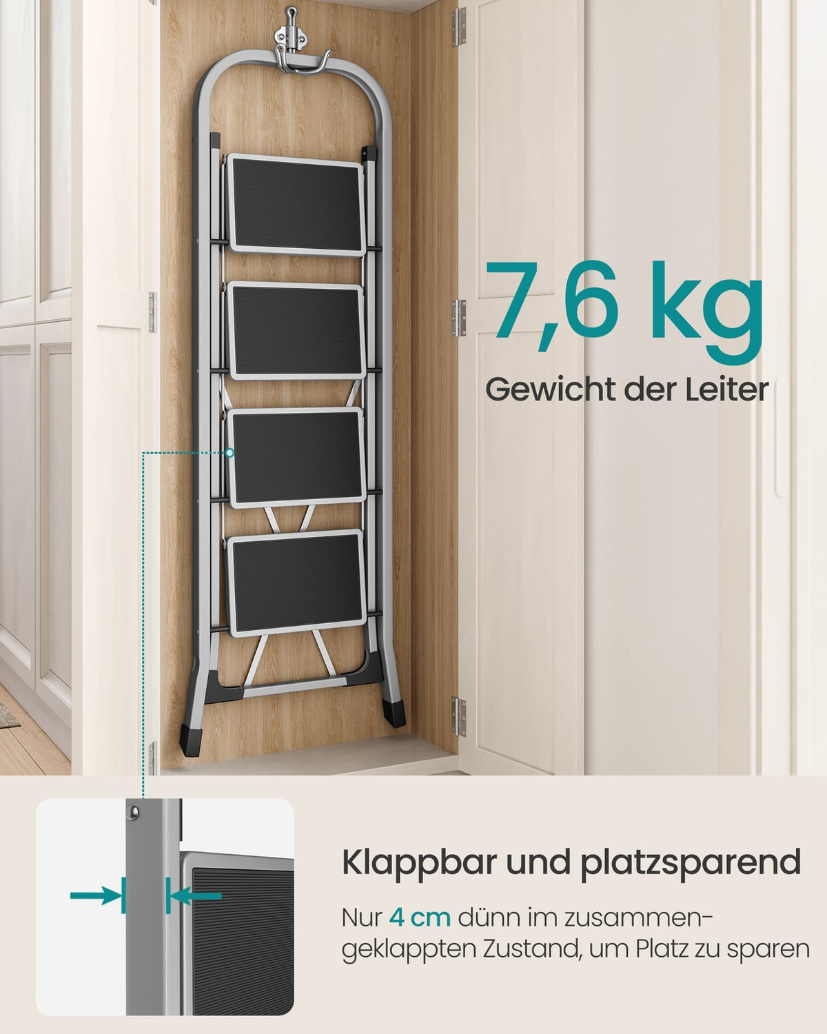 Klappbare Haushaltsleiter – 3 Stufen – Stahltrittleiter mit Griff – 150 kg Tragfähigkeit
