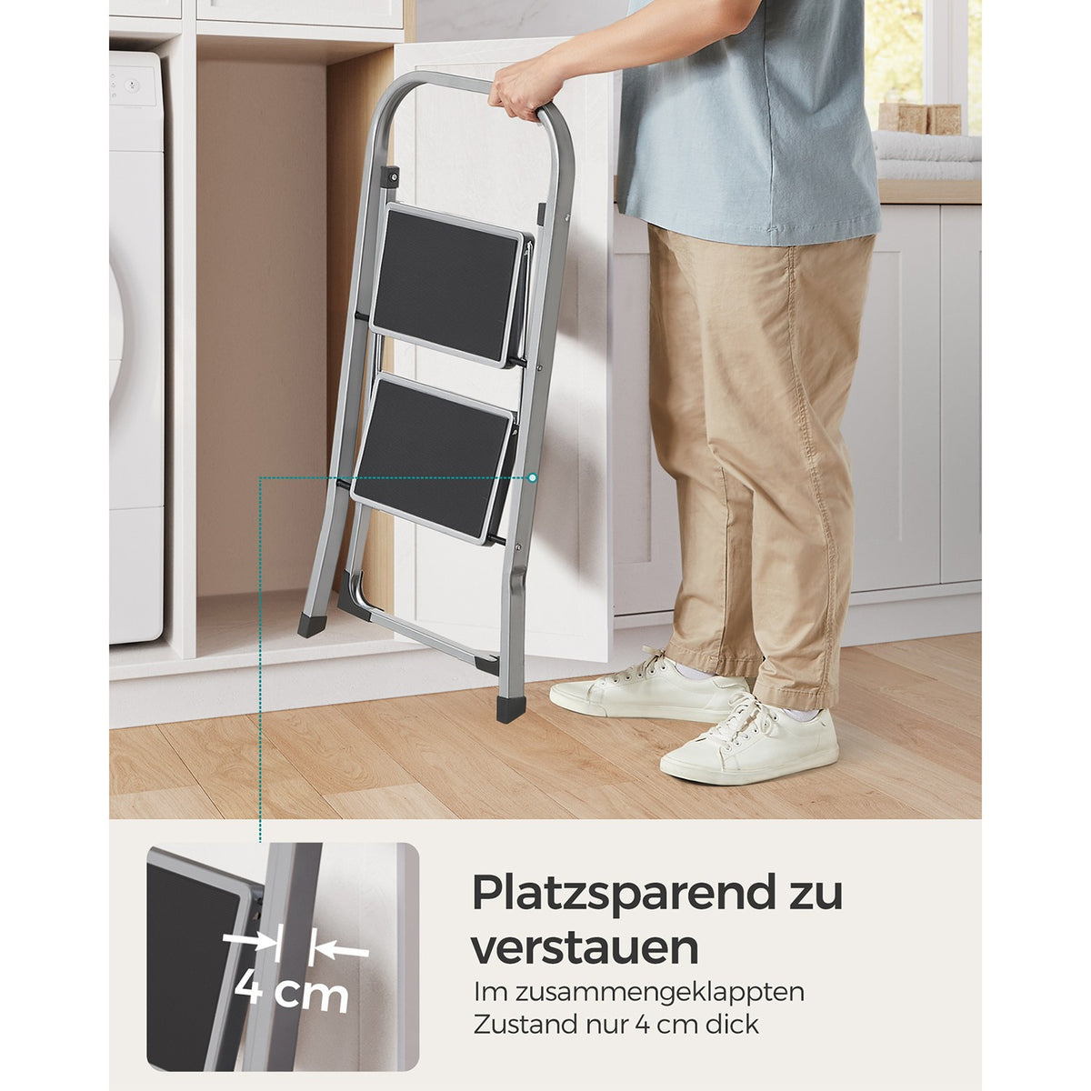 Klappbare Haushaltsleiter – 3 Stufen – Stahltrittleiter mit Griff – 150 kg Tragfähigkeit