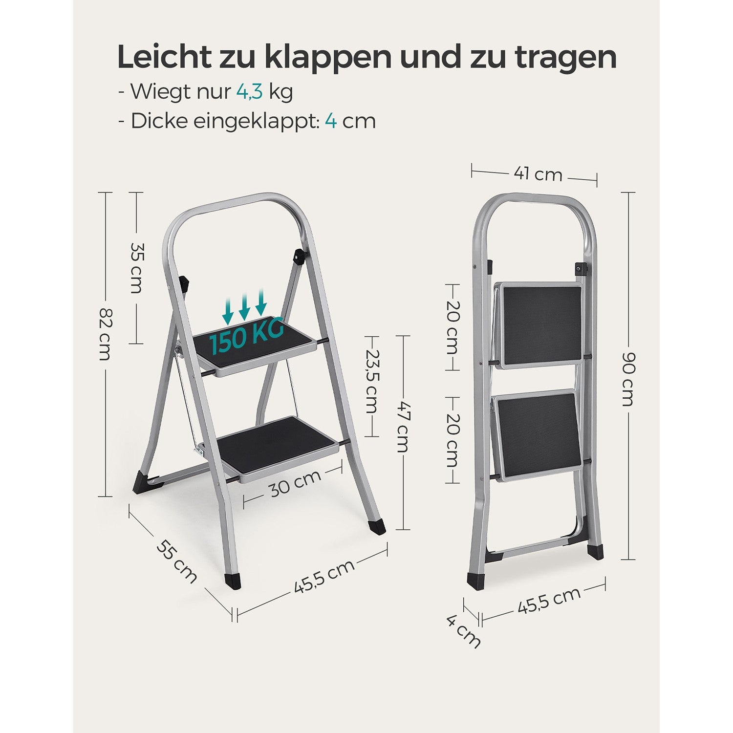 Klappbare Haushaltsleiter – 3 Stufen – Stahltrittleiter mit Griff – 150 kg Tragfähigkeit