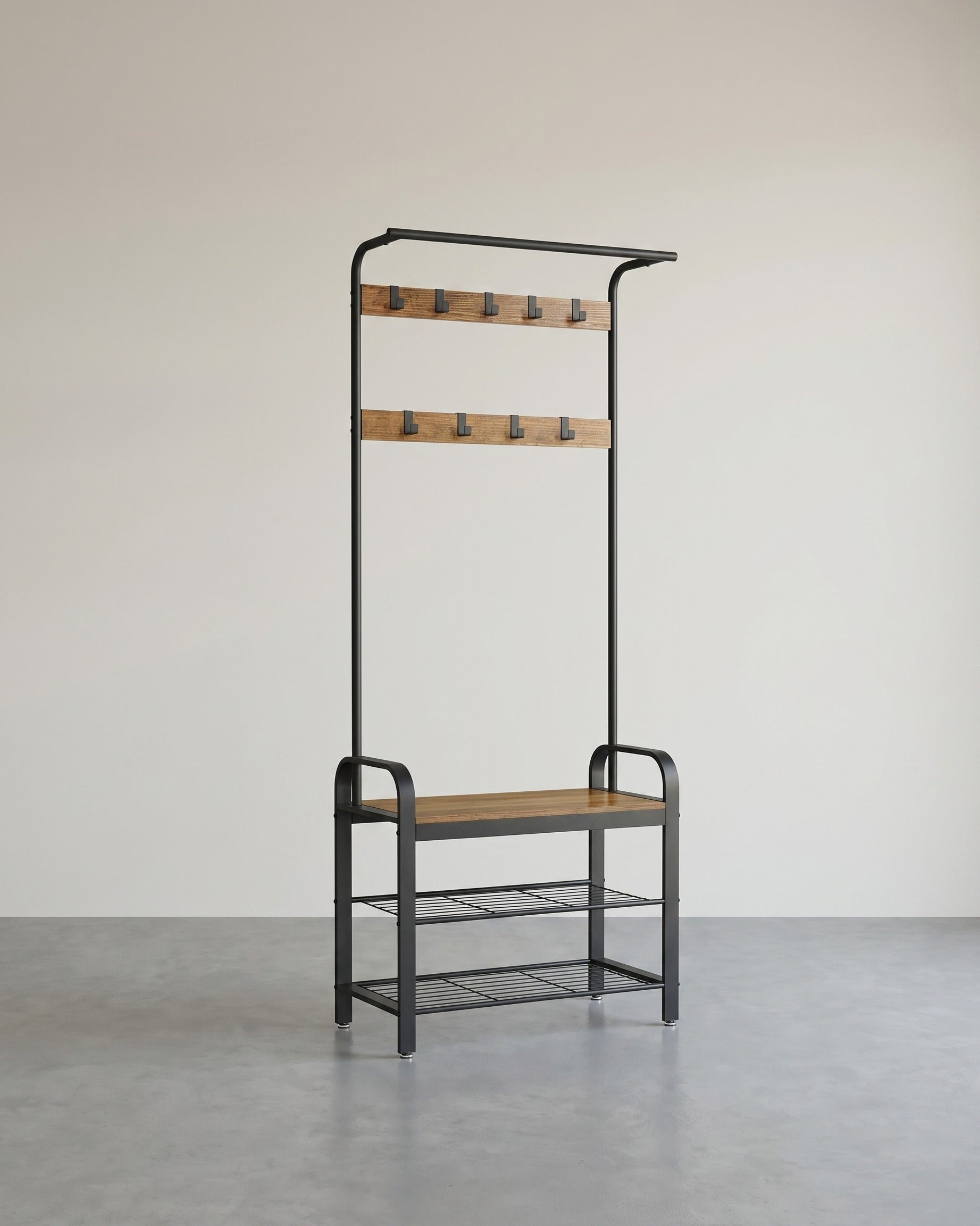 Garderobe mit Schuhregal & Sitzbank – Industriedesign Holz & Metall – 9 Haken + Kleiderstange – Flurmöbel