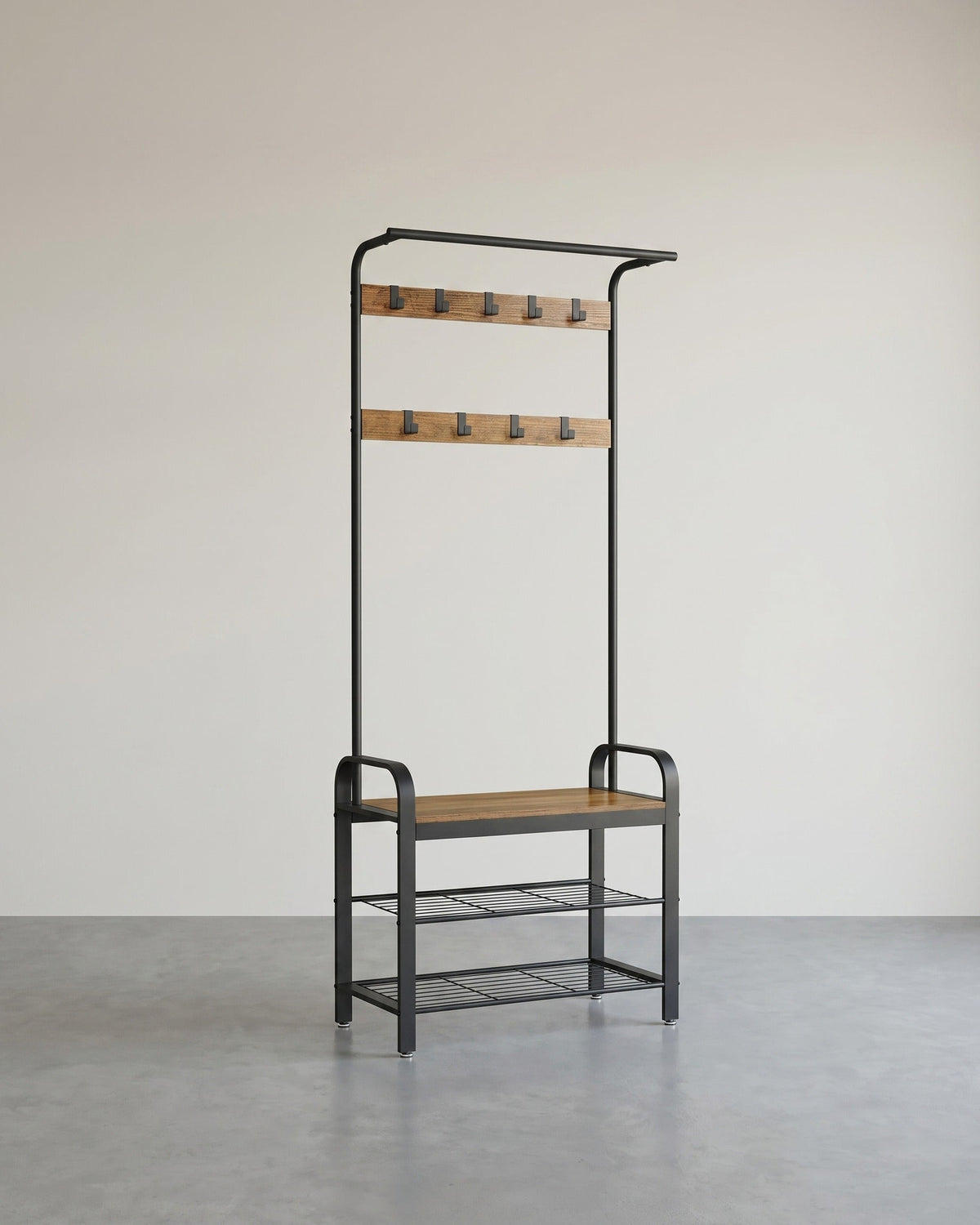 Garderobe mit Schuhregal & Sitzbank – Industriedesign Holz & Metall – 9 Haken + Kleiderstange – Flurmöbel