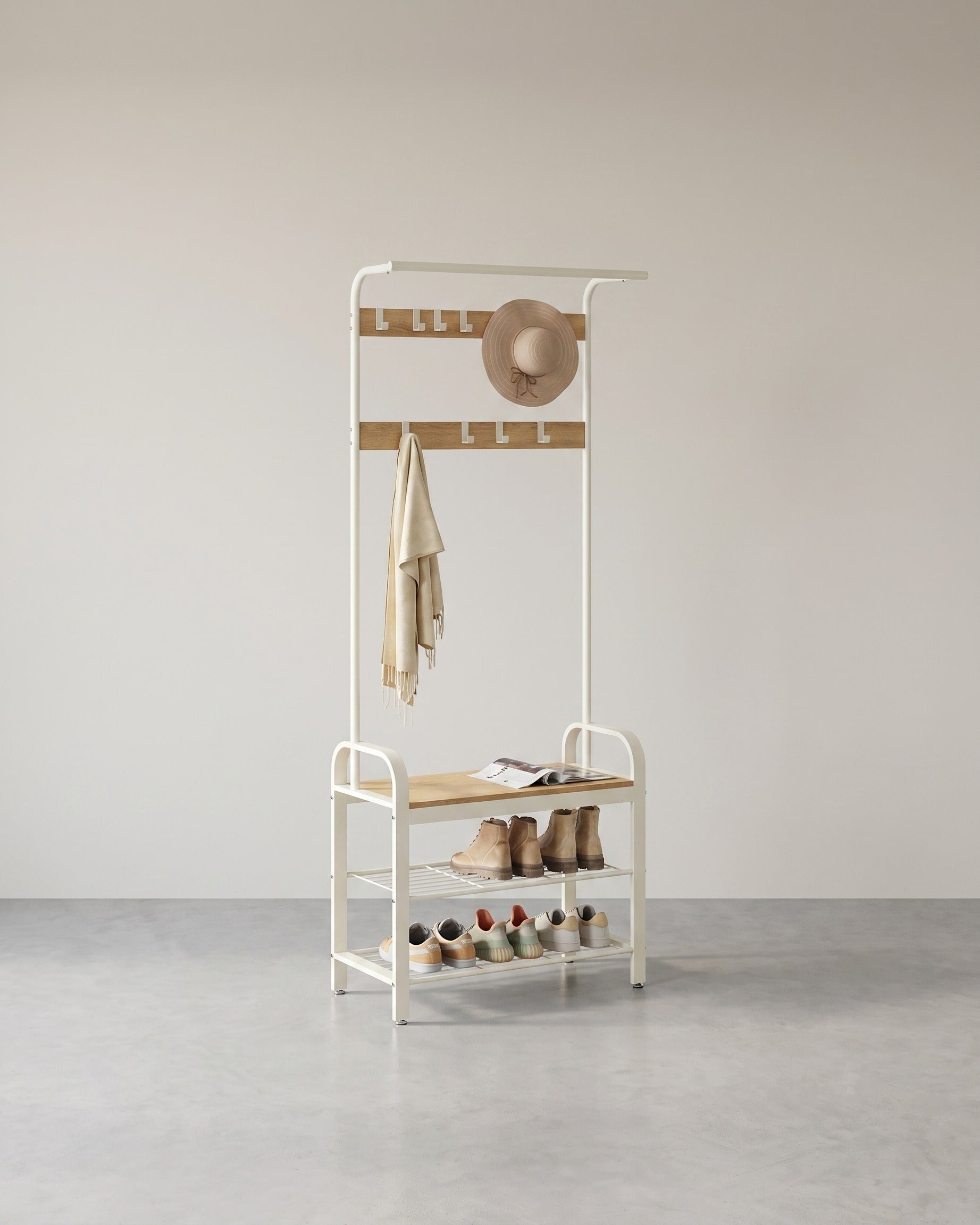 Garderobe mit Schuhregal & Sitzbank – Industriedesign Holz & Metall – 9 Haken + Kleiderstange – Flurmöbel