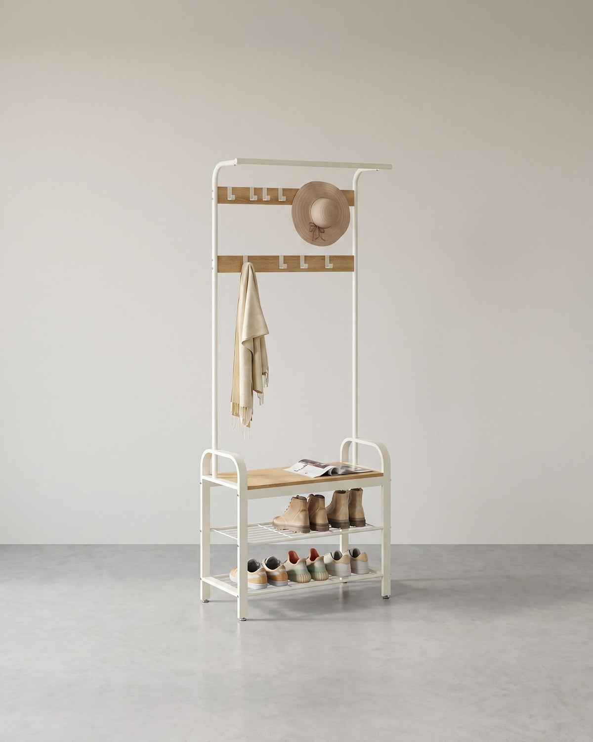 Garderobe mit Schuhregal & Sitzbank – Industriedesign Holz & Metall – 9 Haken + Kleiderstange – Flurmöbel