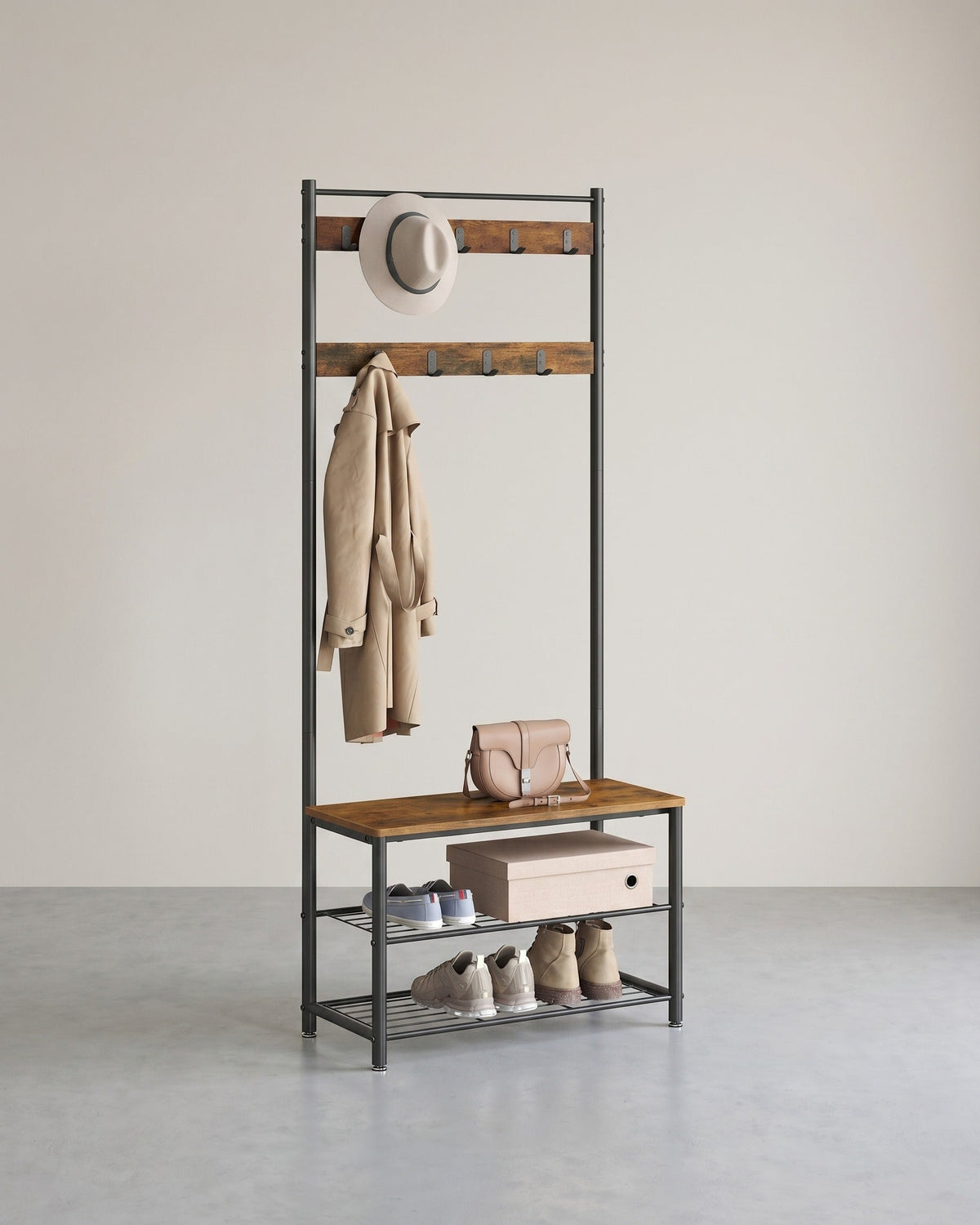 Garderobenständer mit Sitzbank – 3-in-1 Garderobe – Jacken, Schuhe & Sitzbank – 70 x 32 x 175 cm