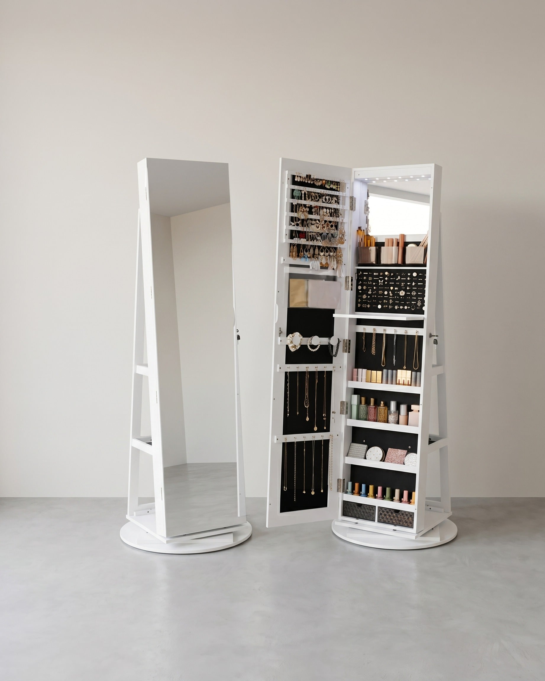 Schmuckschrank mit Spiegel – 360° drehbar – abschließbar – Stand-Schmuckorganizer für das Schlafzimmer