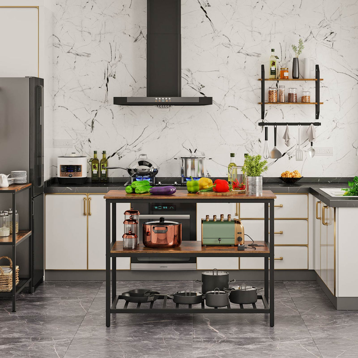 Küchenschrank – 3-stöckiges Gewürzregal – Stahlrahmen – 60 x 120 x 90 cm – Industrial-Stil