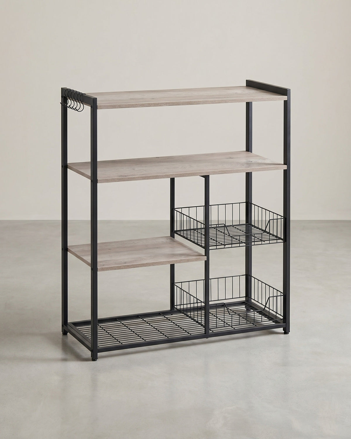 Küchenregal – Standregal – 2 Metallkörbe – Haken und Böden – 35 x 80 x 95 cm – Spanplatte und Stahl