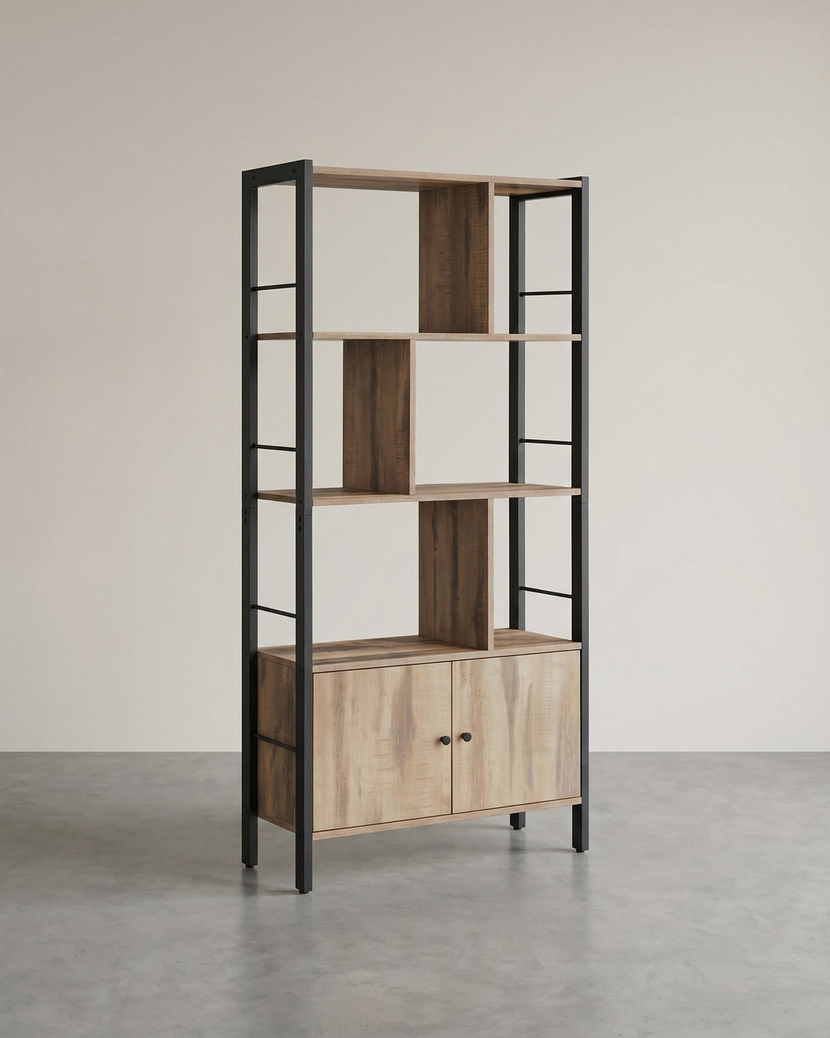 Bücherregal Industriedesign mit Zickzack-Design – 4 offene Böden + Schrank mit Türen – für Wohnzimmer & Büro