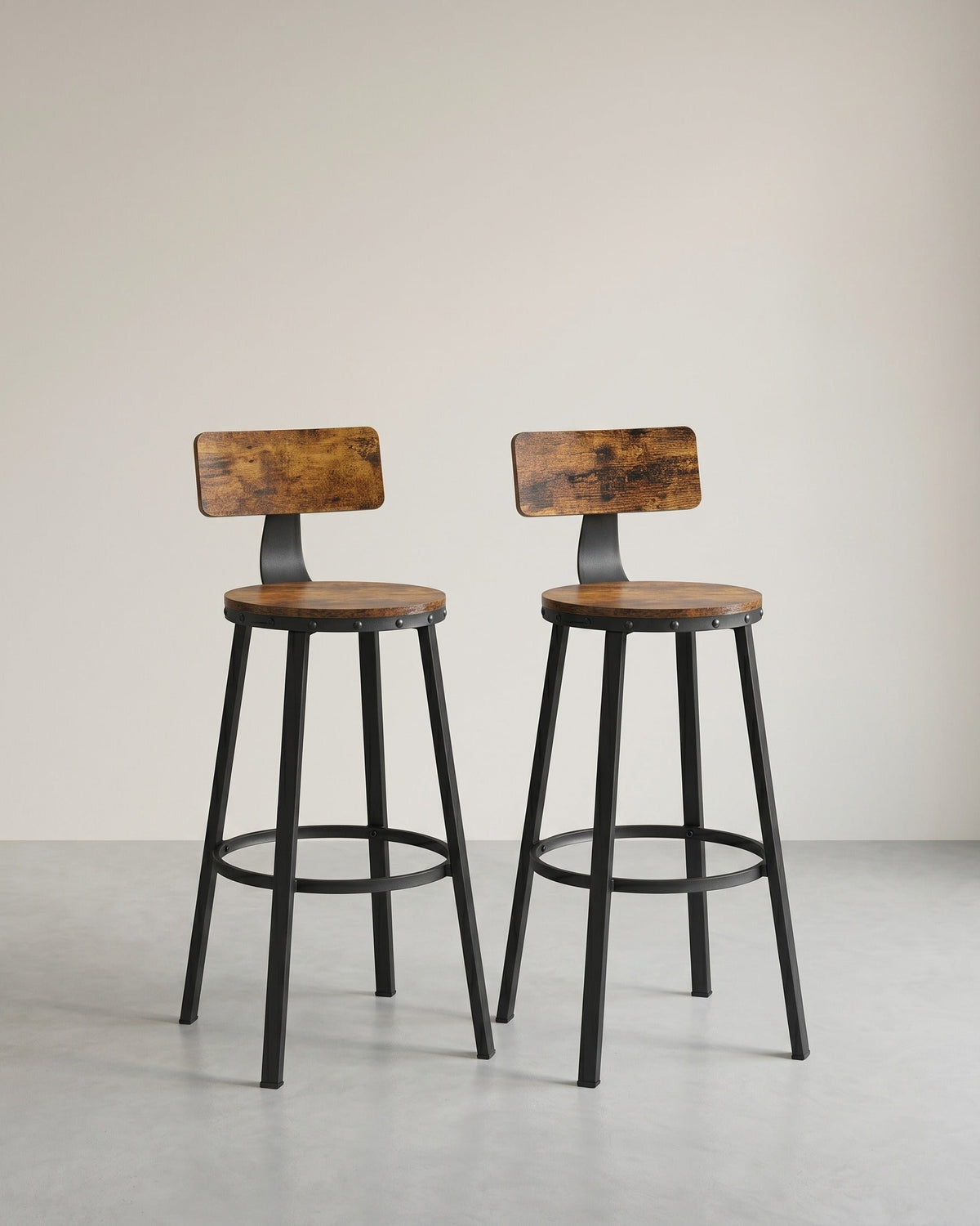 Industrielle Barhocker – 2er-Set – Vintage-Holzsitz