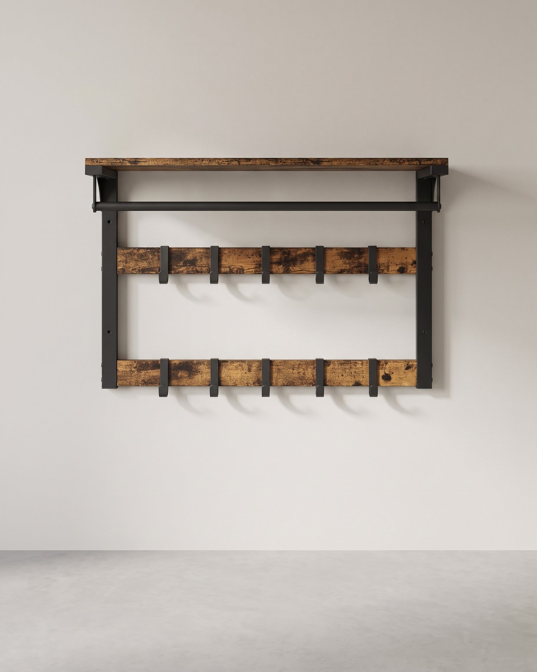 Wandgarderobe – Industriedesign – Mit Ablage, Kleiderstange und 10 Haken – Platzsparende Wandgarderobe