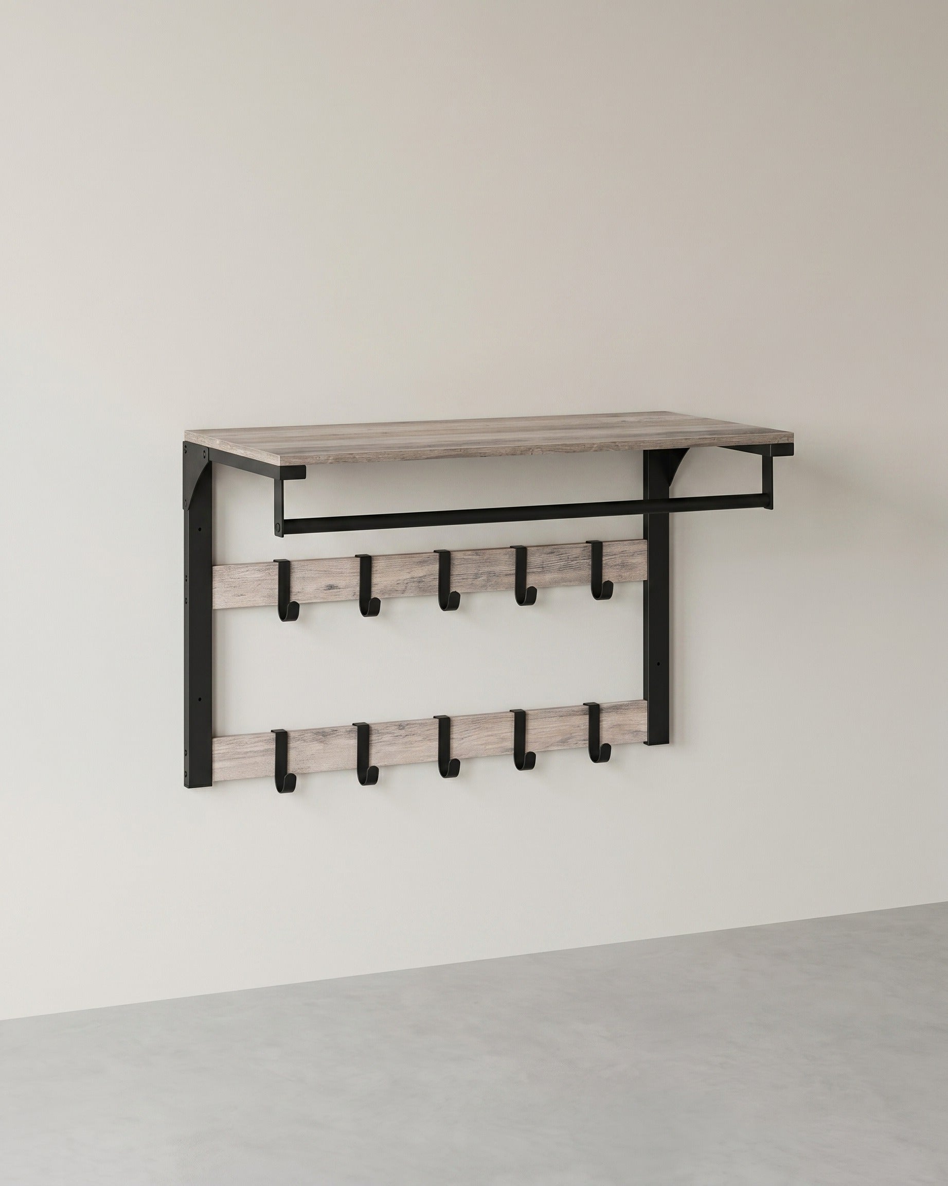 Wandgarderobe – Industriedesign – Mit Ablage, Kleiderstange und 10 Haken – Platzsparende Wandgarderobe