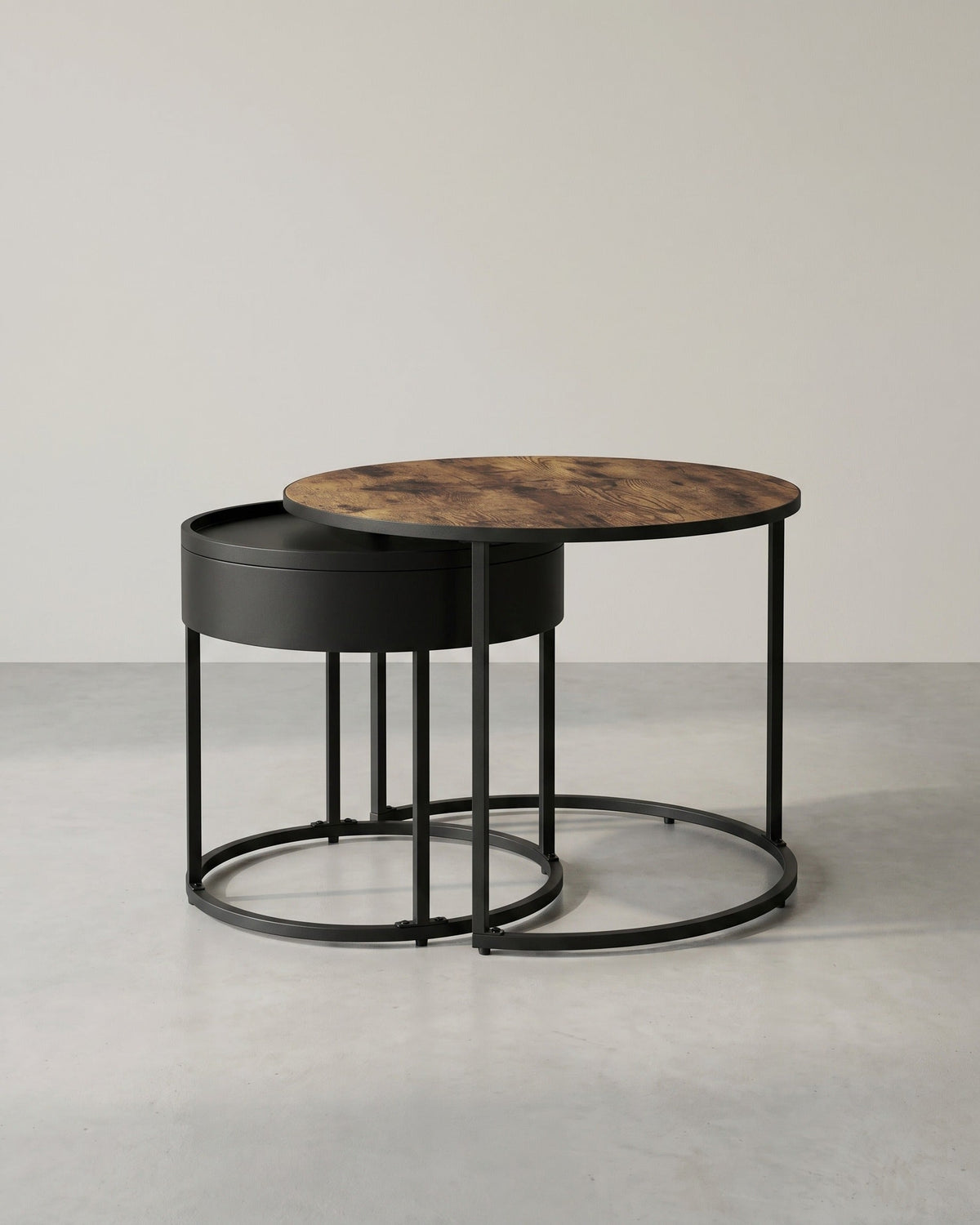 Rundes Couchtisch-Set, 2-teilig – Satztische – Beistelltische mit Stauraum – Moderne Holztische mit Stahlgestell