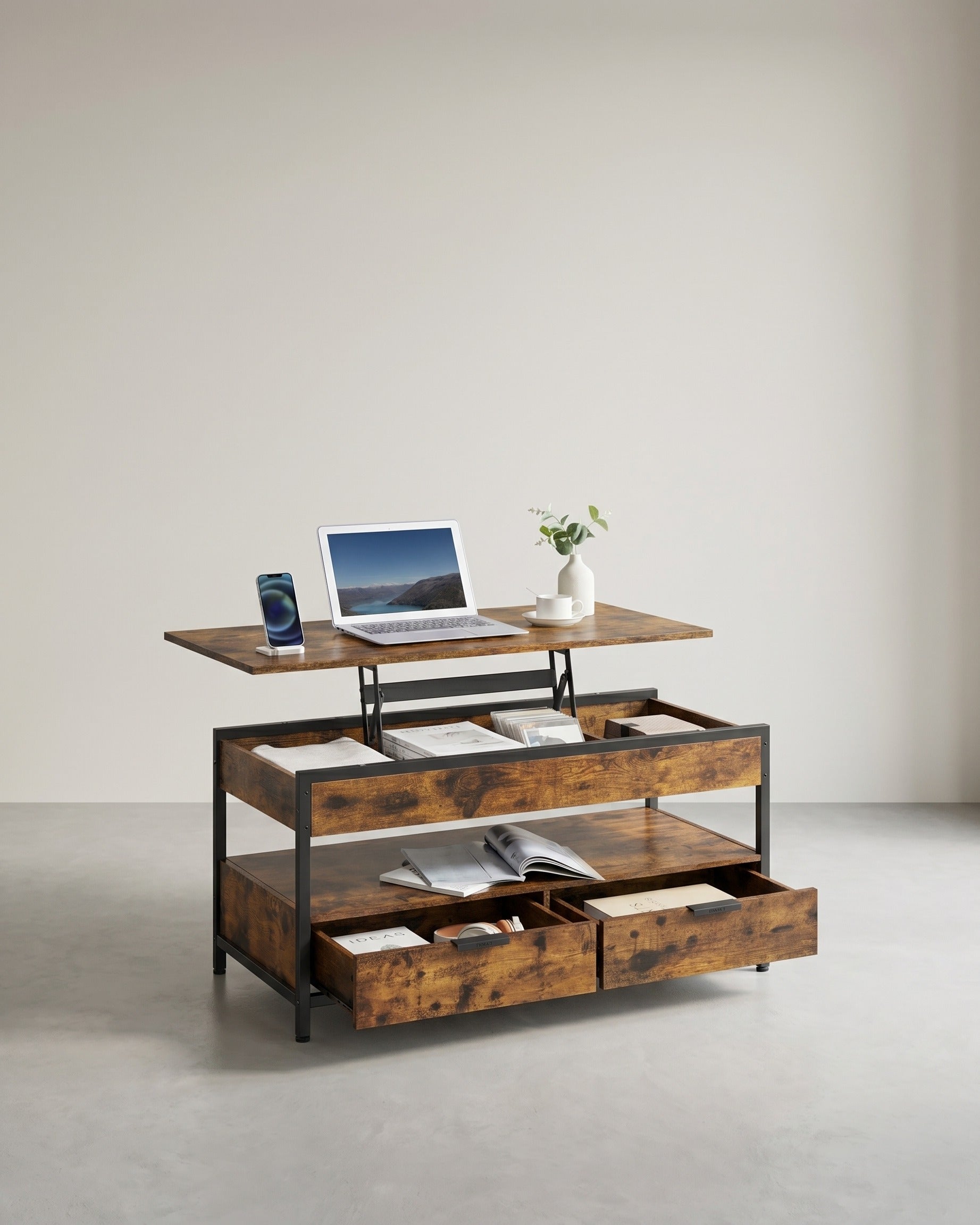 Couchtisch mit verstellbarer Tischplatte – Industriedesign – 100 cm breit – mit Stauraum