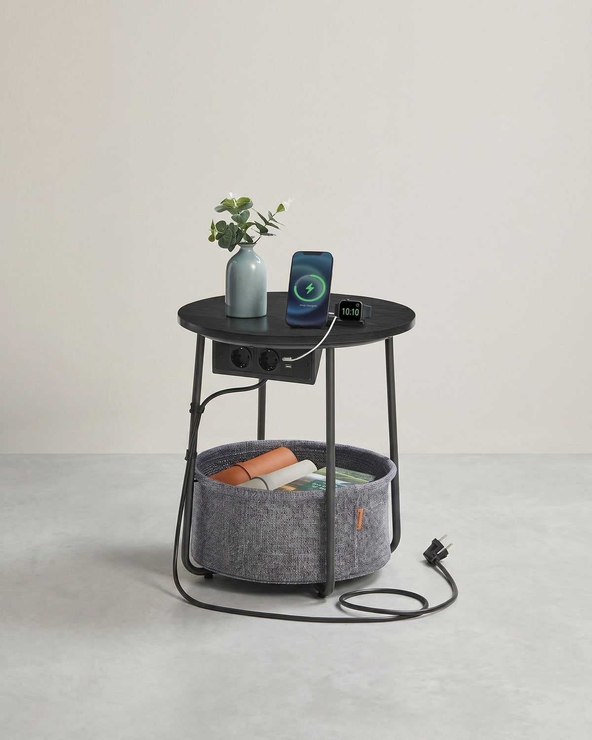 Beistelltisch mit Steckdose und USB-Anschluss - mit Korb - Moderner Tisch