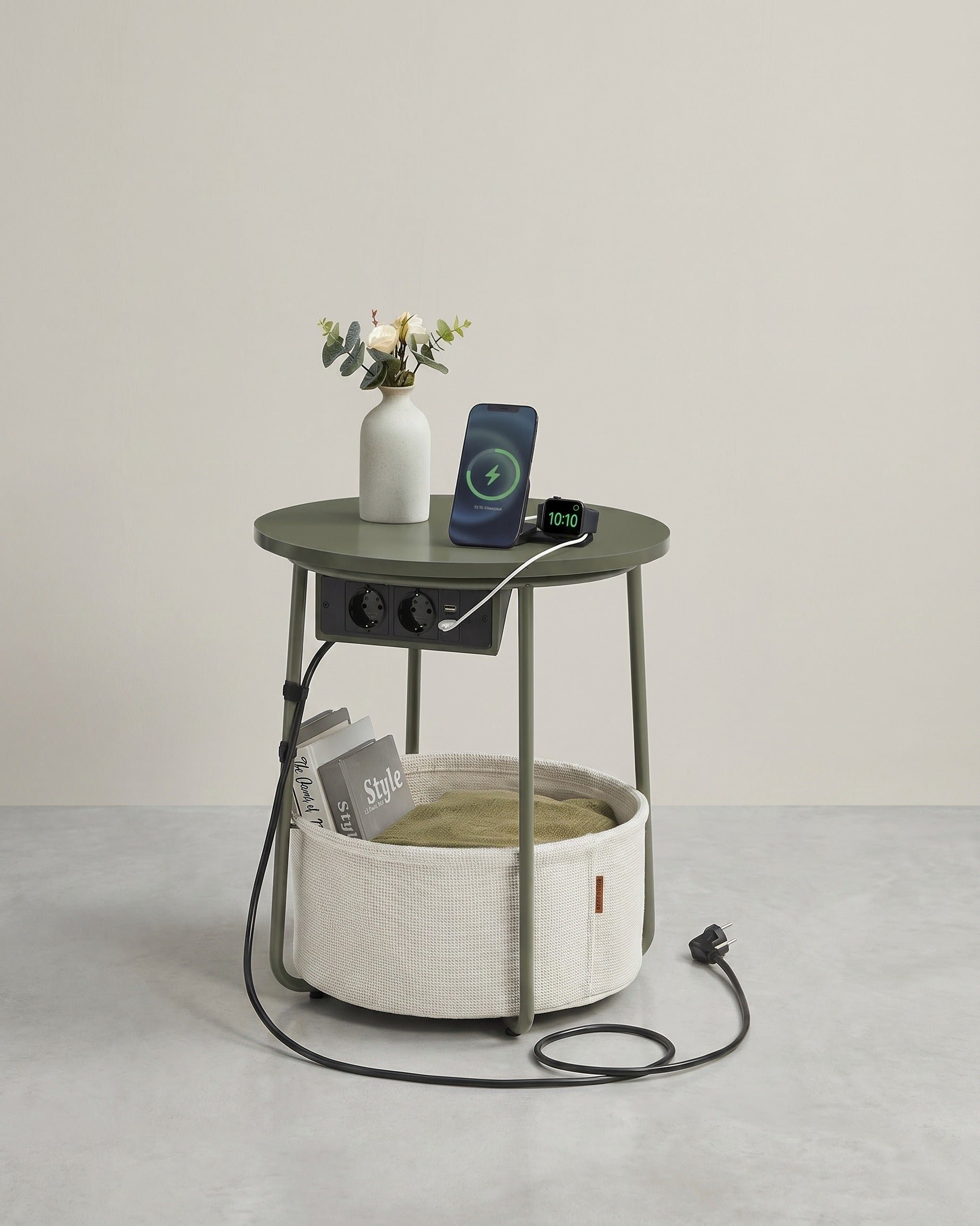 Beistelltisch mit Steckdose und USB-Anschluss - mit Korb - Moderner Tisch