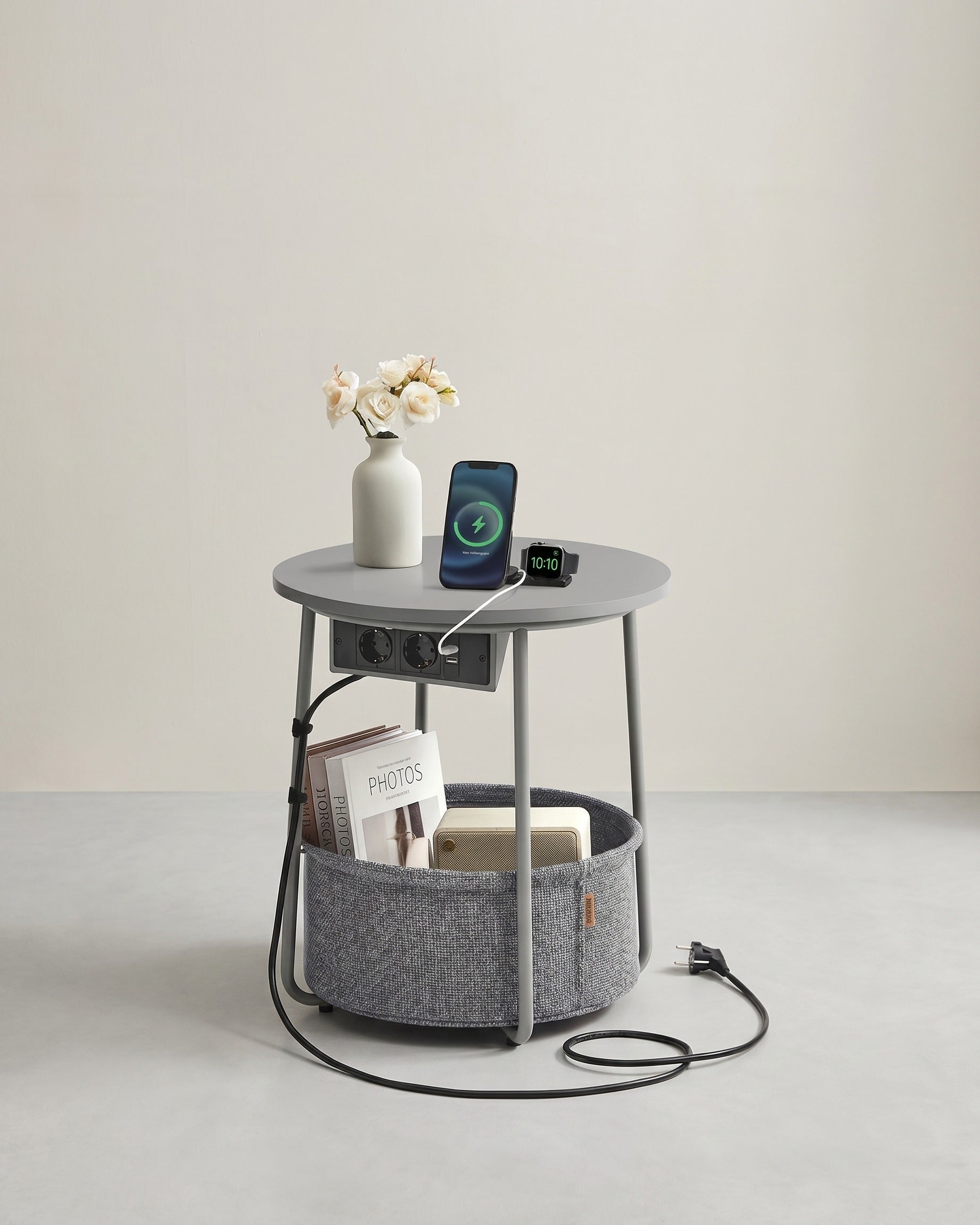 Beistelltisch mit Steckdose und USB-Anschluss - mit Korb - Moderner Tisch