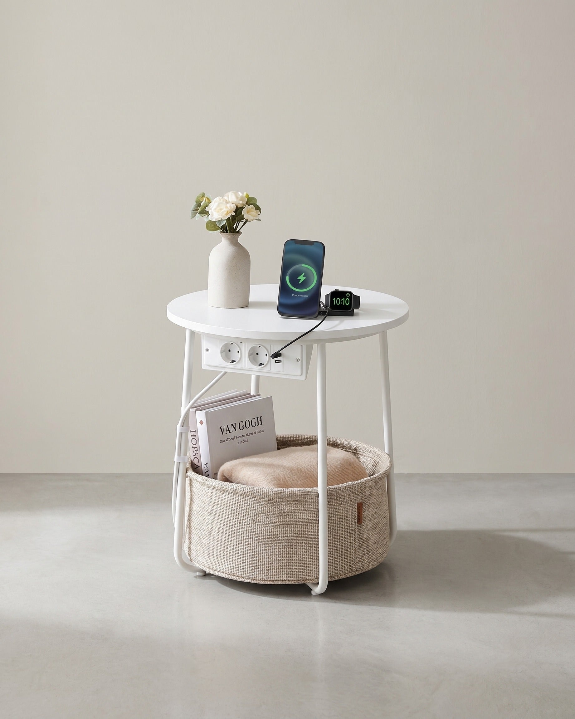 Beistelltisch mit Steckdose und USB-Anschluss - mit Korb - Moderner Tisch