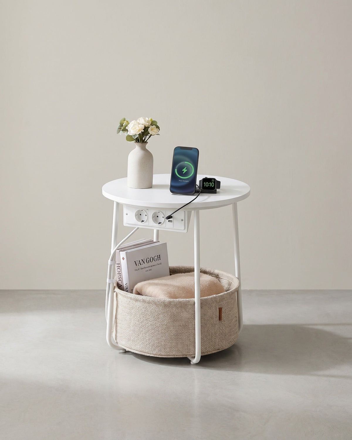 Beistelltisch mit Steckdose und USB-Anschluss - mit Korb - Moderner Tisch