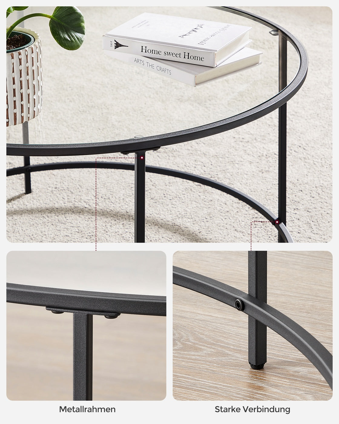 Runder Couchtisch mit Glasplatte – gehärtetes Glas – moderner Retro-Beistelltisch für das Wohnzimmer